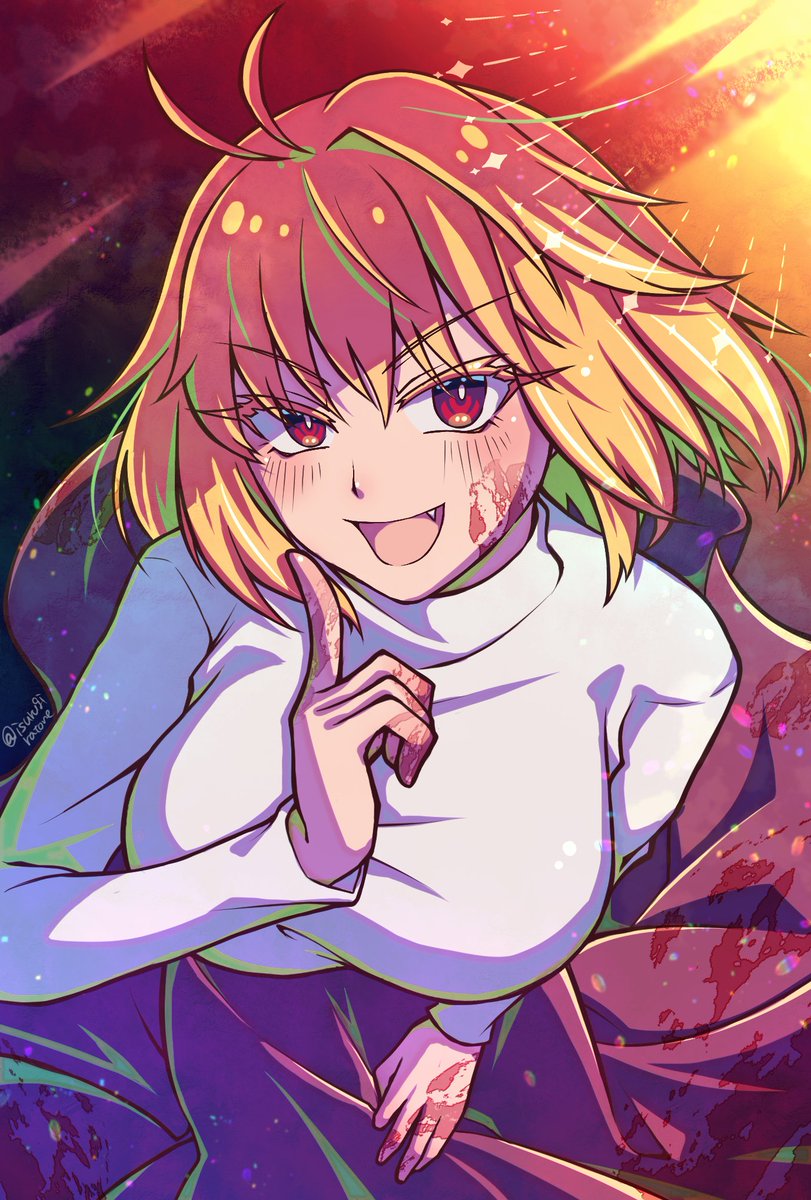 1girl antenna_hair arcueid_brunestud blonde_hair blood blood_on_clothes blood_on_face blood_on_hands blood_stain breasts colored_eyelashes fang floating_hair from_above highres index_finger_raised isurugiratone large_breasts light_particles long_eyelashes long_skirt looking_at_viewer open_mouth purple_skirt red_arcueid red_eyes short_hair single_hair_intake skirt solo sweater tsukihime tsukihime_(remake) turtleneck turtleneck_sweater twitter_username v-shaped_eyebrows white_sweater