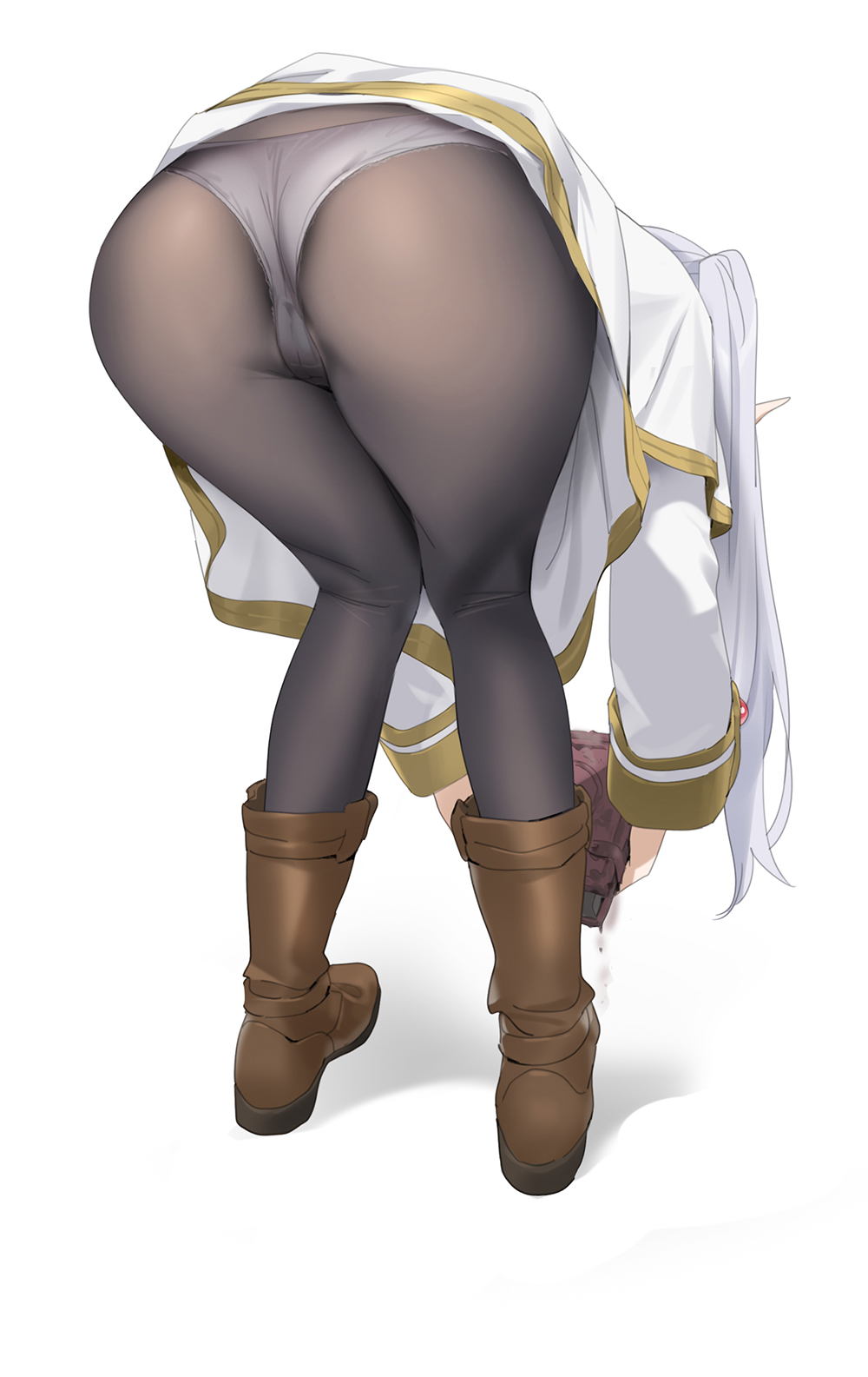 1girl ass ass_focus bent_over black_pantyhose book brown_footwear cameltoe commentary frieren from_behind grey_hair grey_panties highres holding holding_book long_hair panties panties_under_pantyhose pantyhose pointy_ears simple_background solo sousou_no_frieren underwear white_background yd_(orange_maru)