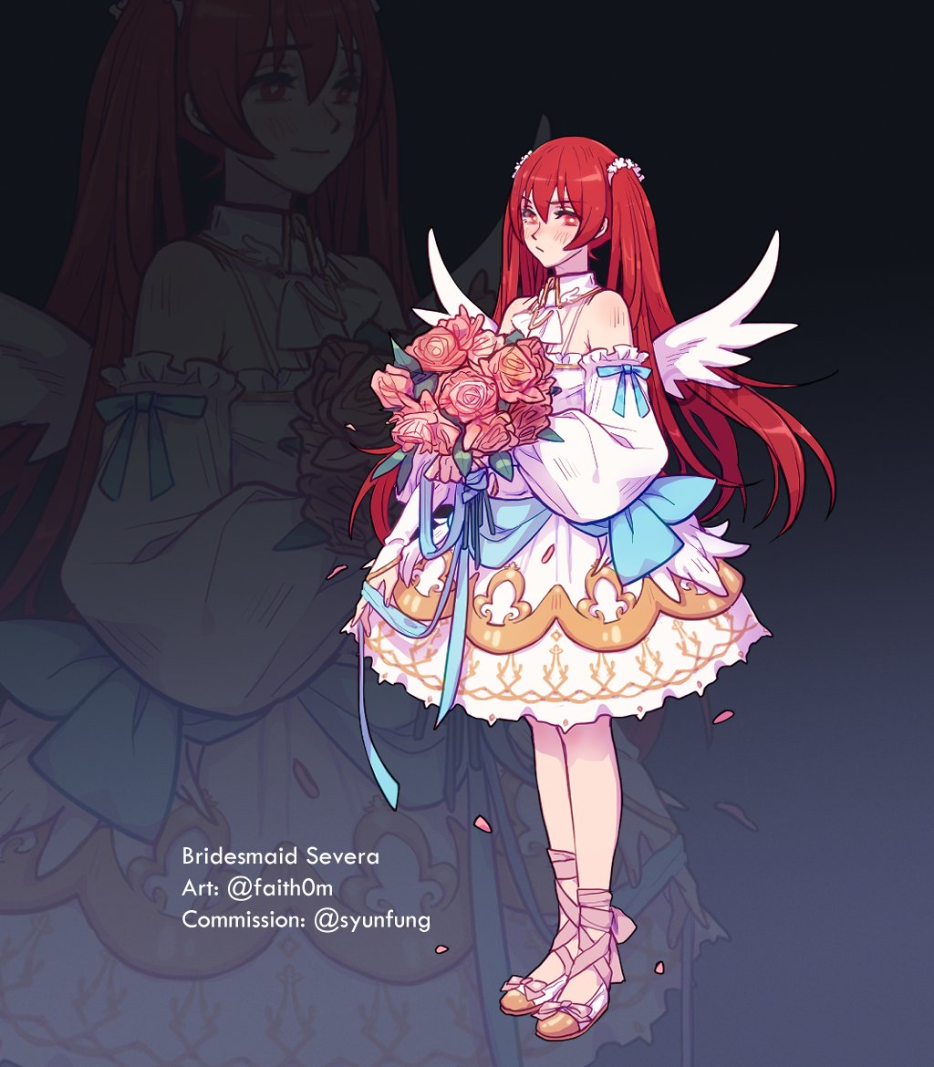 1girl alternate_costume bare_shoulders blush bouquet bridesmaid character_name closed_mouth commentary commission detached_sleeves dress english_commentary faithom fake_wings fire_emblem fire_emblem_awakening flower hair_between_eyes hair_flower hair_ornament holding holding_bouquet long_hair petals red_eyes red_flower red_hair red_rose rose severa_(fire_emblem) smile solo twintails twitter_username very_long_hair white_dress white_flower white_wings wings