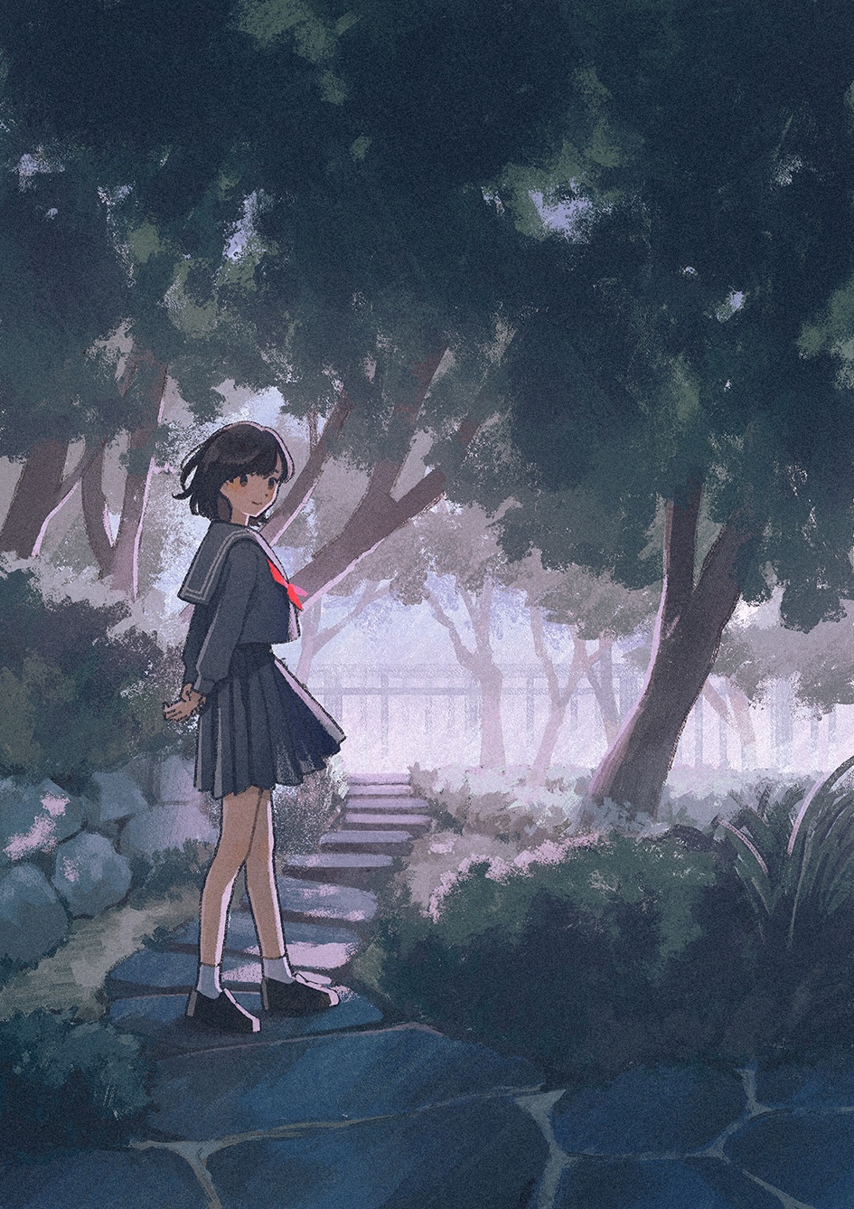 1girl ankle_socks arms_behind_back black_eyes black_footwear black_hair black_sailor_collar black_serafuku black_shirt black_skirt blouse closed_mouth commentary_request dot_nose highres long_sleeves looking_at_viewer nahara_saki neckerchief original outdoors own_hands_together park plant pleated_skirt red_neckerchief sailor_collar school_uniform serafuku shirt shoes short_hair sidewalk skirt smile socks solo standing stone_walkway tree turning_head unfinished white_socks wide_shot