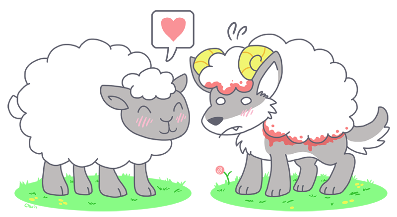 &lt;3 ambiguous_gender blood blush bodily_fluids bovid canid canine canis caprine disguise duo eyes_closed feral flower grass hooves horn mammal nervous paws plant sheep shocked_expression smile standing the-chu wolf
