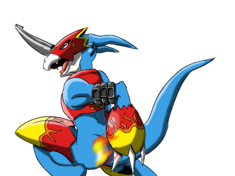 ambiguous_gender armor bandai_namco blue_body blue_skin burning butt butt_on_fire clothing crop_top digimon digimon_(species) eyes_closed fifybear fire flamedramon hand_on_butt hasbro headgear helmet open_mouth pain raised_tail shirt solo tail topwear