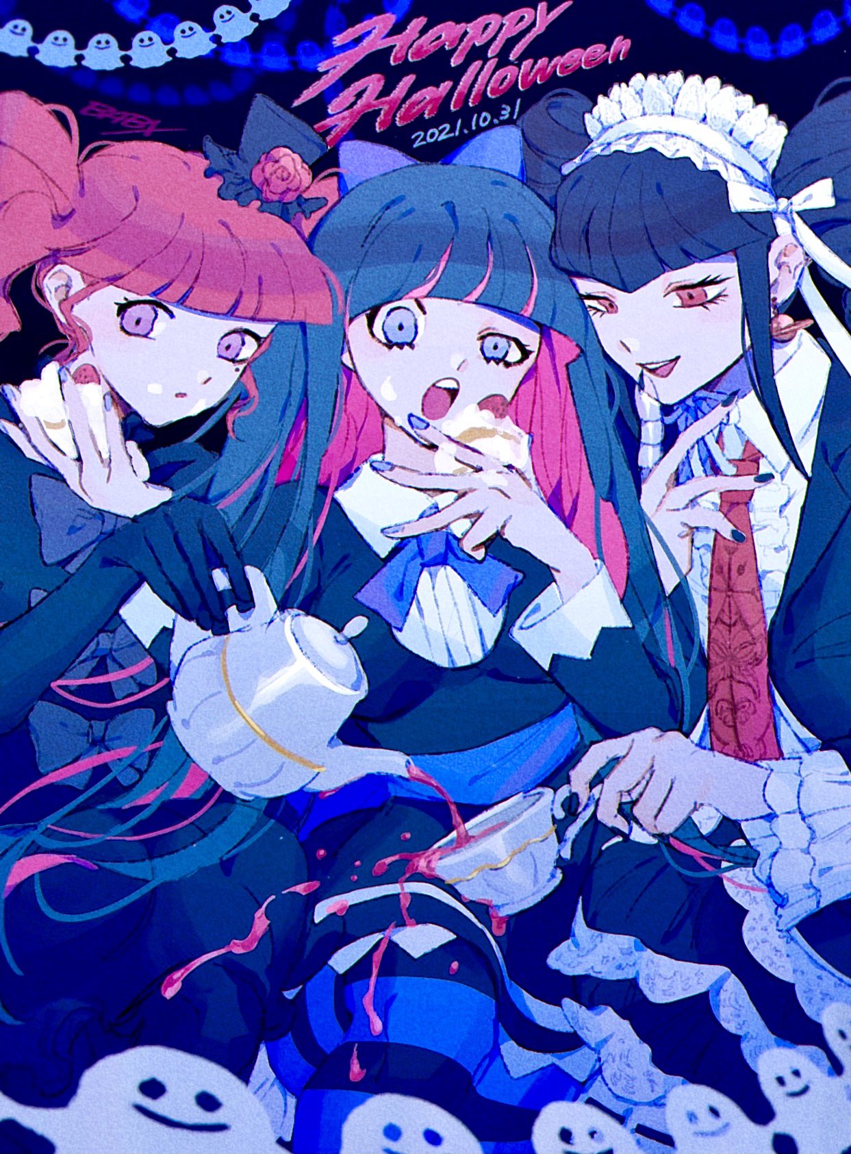 3girls :o artist_name babibu_baby black_dress black_gloves black_hair black_jacket black_nails blue_eyes blue_hair blue_sash blunt_bangs cake celestia_ludenberg center_frills character_request claw_ring collared_shirt colored_inner_hair commentary copyright_request crossover cup danganronpa:_trigger_happy_havoc danganronpa_(series) dated dress drill_hair drop_earrings earrings elbow_gloves english_commentary expressionless feeding finger_to_own_chin food food_on_face frills ghost gloves gothic_lolita hand_up hands_up happy_halloween hat highres holding holding_cake holding_cup holding_food holding_teapot icing jacket jewelry lolita_fashion long_hair looking_at_viewer mini_hat mini_top_hat mole mole_under_eye multicolored_hair multiple_crossover multiple_girls necktie panty_&amp;_stocking_with_garterbelt pantyhose paper_doll_chain pink_hair pouring purple_eyes red_eyes red_necktie sash shirt smile stocking_(psg) striped_clothes striped_pantyhose teapot top_hat twin_drills twintails uneven_eyes v-bangs