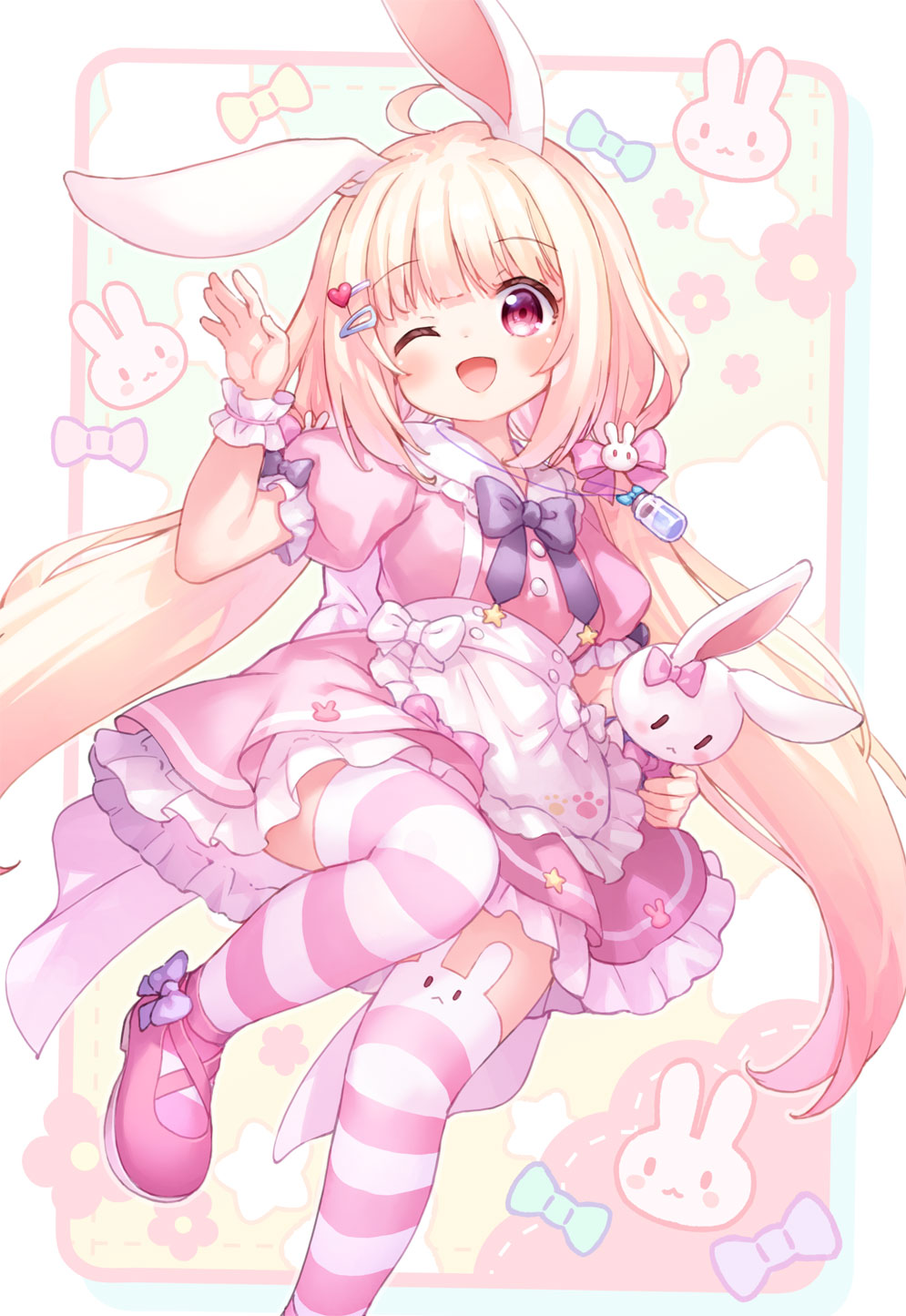 1girl :d animal_ears apron blonde_hair blue_bow blue_bowtie blush bow bowtie breasts commentary_request commission dress eruko_(vtuber) foot_out_of_frame frilled_apron frilled_dress frills hair_ornament hairclip hand_up highres holding holding_stuffed_toy indie_virtual_youtuber kito_(sorahate) long_hair low_twintails one_eye_closed open_mouth pink_dress pink_footwear pink_thighhighs puffy_short_sleeves puffy_sleeves rabbit_ears red_eyes shoes short_sleeves skeb_commission small_breasts smile solo striped_clothes striped_thighhighs stuffed_animal stuffed_rabbit stuffed_toy thighhighs twintails very_long_hair waist_apron wrist_cuffs