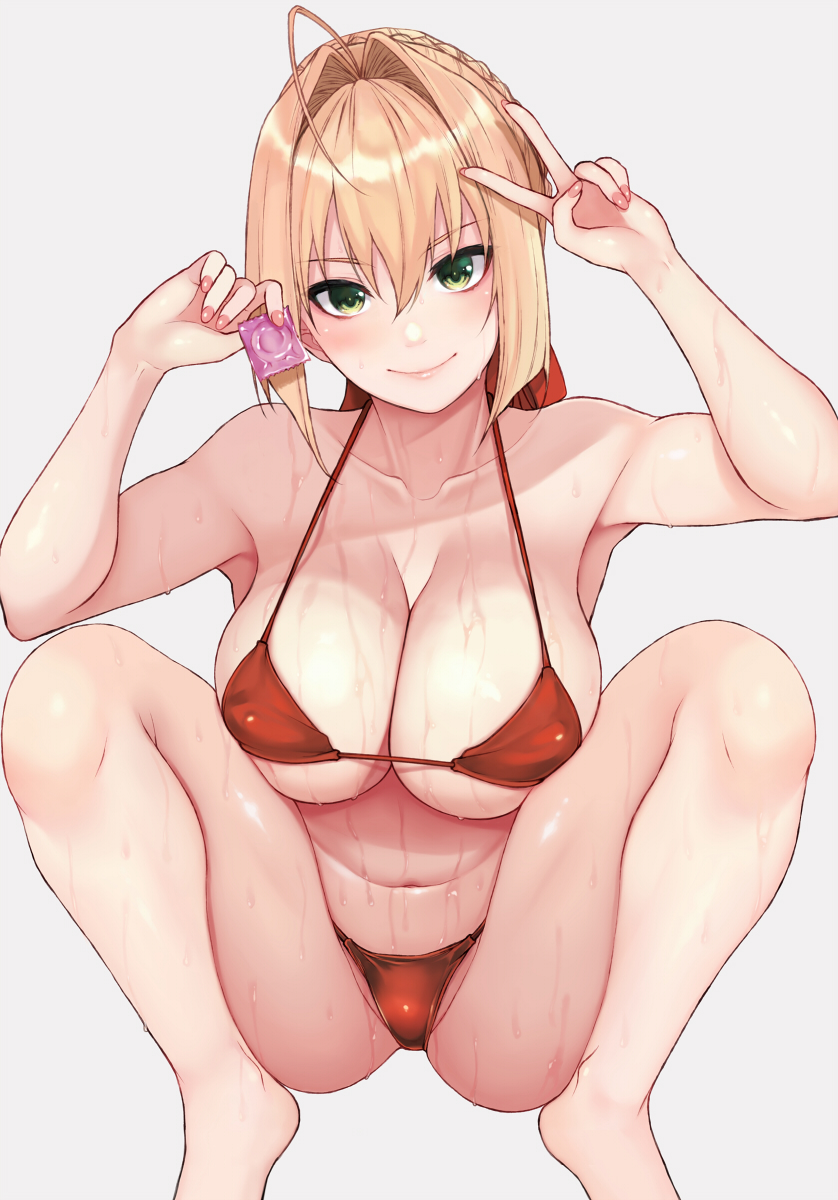 1girl ahoge bare_shoulders bikini blonde_hair blush braid breasts cleavage cocq_taichou collarbone condom condom_wrapper fate/extra fate_(series) french_braid green_eyes hair_bun hair_intakes hair_ribbon highres large_breasts long_hair looking_at_viewer navel nero_claudius_(fate) nero_claudius_(fate/extra) red_bikini red_ribbon ribbon smile solo squatting swimsuit thighs v wet