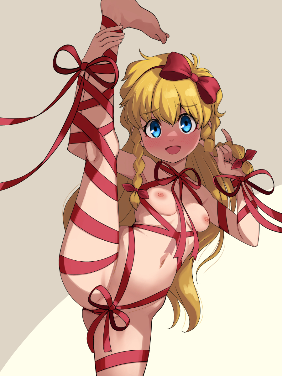 1girl :d blonde_hair blue_eyes blush bow bow_hairband braid breasts castlevania:_rondo_of_blood castlevania_(series) commentary_request full-face_blush groin hair_bow hairband highres kneepits legs long_hair looking_at_viewer maria_renard naked_ribbon navel nipples paid_reward_available partially_visible_vulva playing_with_own_hair red_bow red_ribbon ribbon shade side_braids small_breasts smile solo split standing standing_on_one_leg standing_split stupa13a variant_set