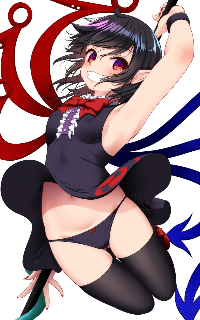 1girl arm_up armpits black_dress black_hair black_panties black_thighhighs blush bow bowtie breasts center_frills dress fingernails frills grin holding holding_polearm holding_weapon houjuu_nue indica legs_folded looking_at_viewer mismatched_wings nail_polish navel panties pointy_ears polearm red_bow red_bowtie red_eyes sideboob simple_background sleeveless sleeveless_dress small_breasts smile solo stomach thighhighs touhou underwear weapon white_background wristband