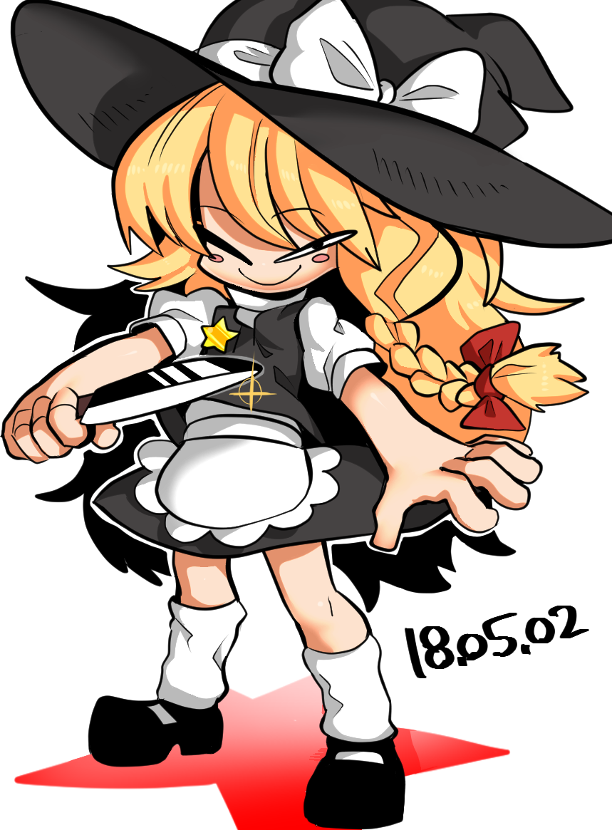 1girl apron black_eyes black_footwear black_headwear black_skirt black_vest blonde_hair blush_stickers bow braid closed_mouth commentary_request cookie_(touhou) dated full_body glint hair_bow hat hat_bow holding holding_knife kirisame_marisa knife long_hair looking_at_viewer mary_janes medium_bangs one_eye_closed puffy_short_sleeves puffy_sleeves red_bow red_star shirt shoes short_sleeves simple_background single_braid skirt skirt_set smile socks solo standing star_(symbol) suzu_(cookie) tetugakuzonbi touhou turtleneck_shirt unusually_open_eyes vest waist_apron white_apron white_background white_bow white_shirt white_socks witch_hat