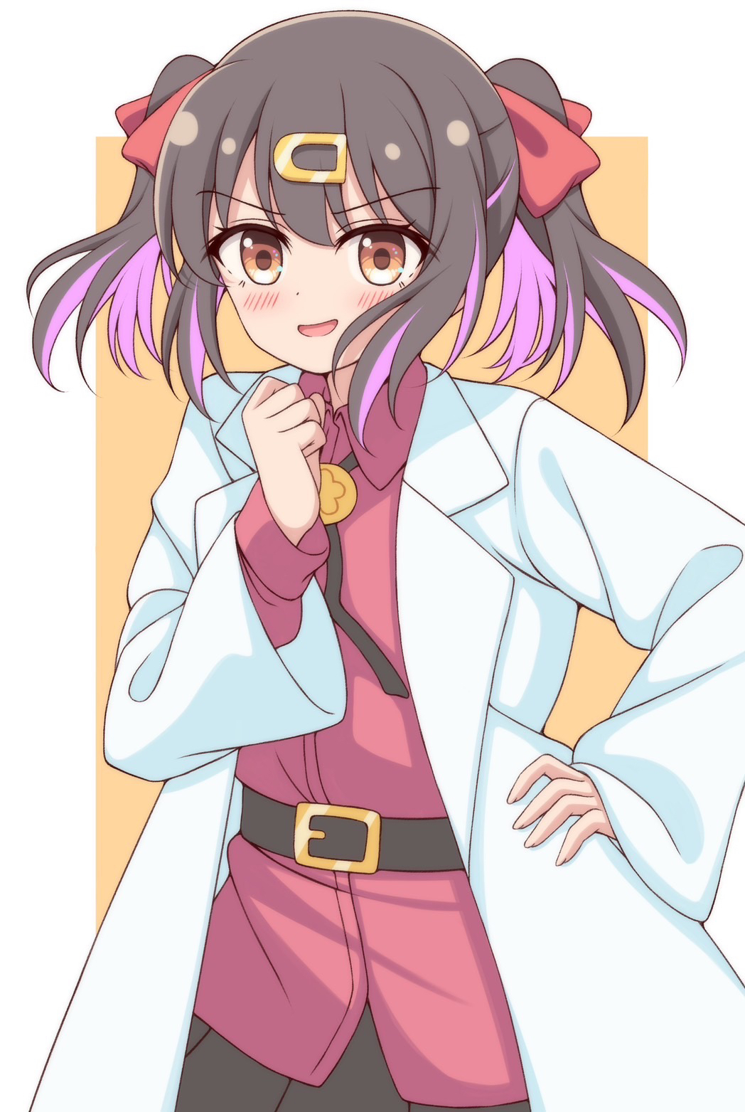 1girl belt black_belt blush border brown_eyes brown_hair coat collared_shirt colored_inner_hair commentary cowboy_shot hair_ornament hair_ribbon hairclip hand_on_own_hip hand_up highres keima_(mfng4224) lab_coat long_sleeves looking_at_viewer medium_hair multicolored_hair onii-chan_wa_oshimai! open_clothes open_coat open_mouth outside_border oyama_mihari pink_hair red_ribbon red_shirt ribbon shirt short_twintails sidelocks simple_background smile solo standing twintails two-tone_hair white_border white_coat yellow_background