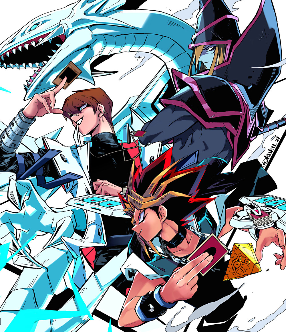 3boys black_choker black_hair black_sweater blonde_hair blue-eyes_white_dragon blue_eyes brown_hair card choker closed_mouth coat dark_magician dragon duel_disk grin hair_between_eyes hat holding holding_card kaiba_seto kokusoji male_focus millennium_puzzle multicolored_hair multiple_boys open_mouth red_hair sharp_teeth smile spiked_hair sweater teeth turtleneck turtleneck_sweater twitter_username white_coat wizard_hat yami_yuugi yu-gi-oh! yu-gi-oh!_duel_monsters