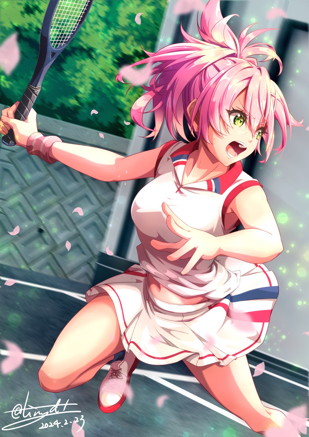 1girl breasts eiyuu_densetsu falling_petals green_eyes hair_between_eyes hair_bun highres holding holding_racket juna_crawford large_breasts navel open_mouth outdoors petals pink_hair racket sen_no_kiseki sen_no_kiseki_iii shoes skirt sneakers solo sportswear tennis tennis_racket tennis_uniform tinybiard