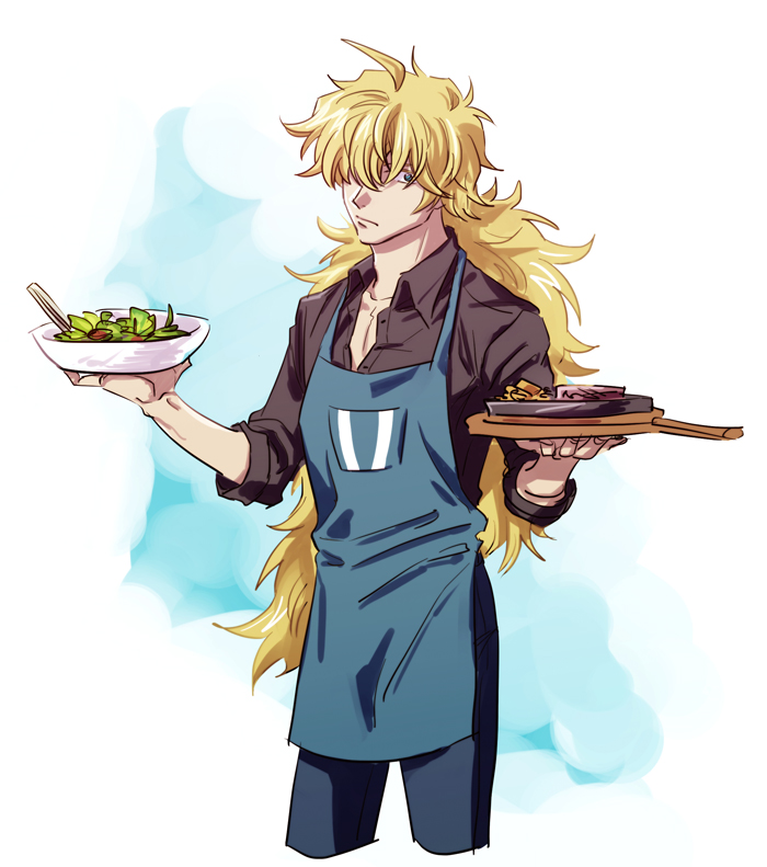 1boy ahoge apron bishounen black_shirt blonde_hair blue_apron blue_eyes blue_pants bowl cloud_background cowboy_shot dress_shirt food holding holding_bowl holding_food killer_(one_piece) kitami_(crotti) long_hair low_ponytail male_focus messy_hair one_piece open_clothes open_shirt pants salad shirt solo steak very_long_hair white_background