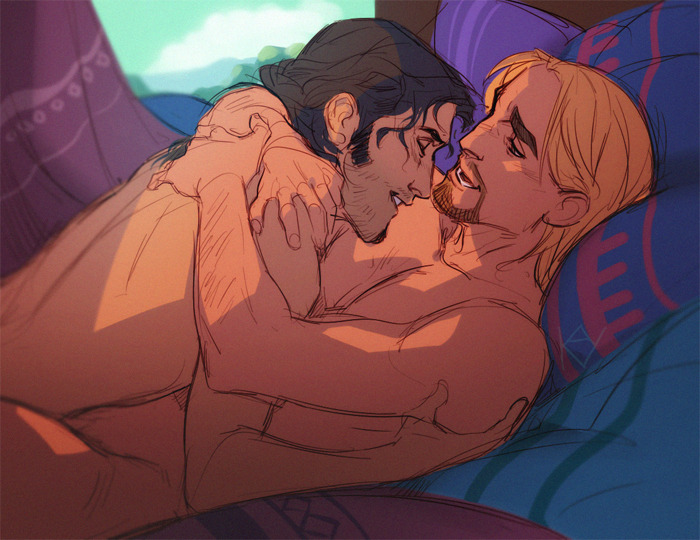 2boys black_hair blonde_hair boy_on_top couple facial_hair goatee hug kaysd999 long_sideburns looking_at_another lying male_focus medium_hair miguel_(el_dorado) multiple_boys mustache nude on_bed sideburns smile sparse_arm_hair stubble the_road_to_el_dorado thick_eyebrows tulio_(el_dorado) upper_body yaoi