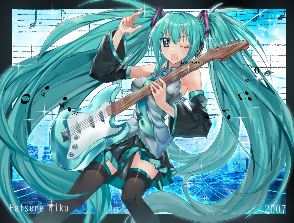 1girl aqua_eyes aqua_hair aqua_necktie bare_shoulders black_skirt black_sleeves breasts detached_sleeves electric_guitar grey_shirt guitar hair_ornament hatsune_miku headphones holding holding_guitar holding_instrument instrument long_hair medium_breasts miniskirt music musical_note necktie one_eye_closed open_mouth playing_instrument pleated_skirt roozaku shirt signature skirt sleeveless solo sparkle sparkling_eyes thighhighs twintails very_long_hair vocaloid zettai_ryouiki