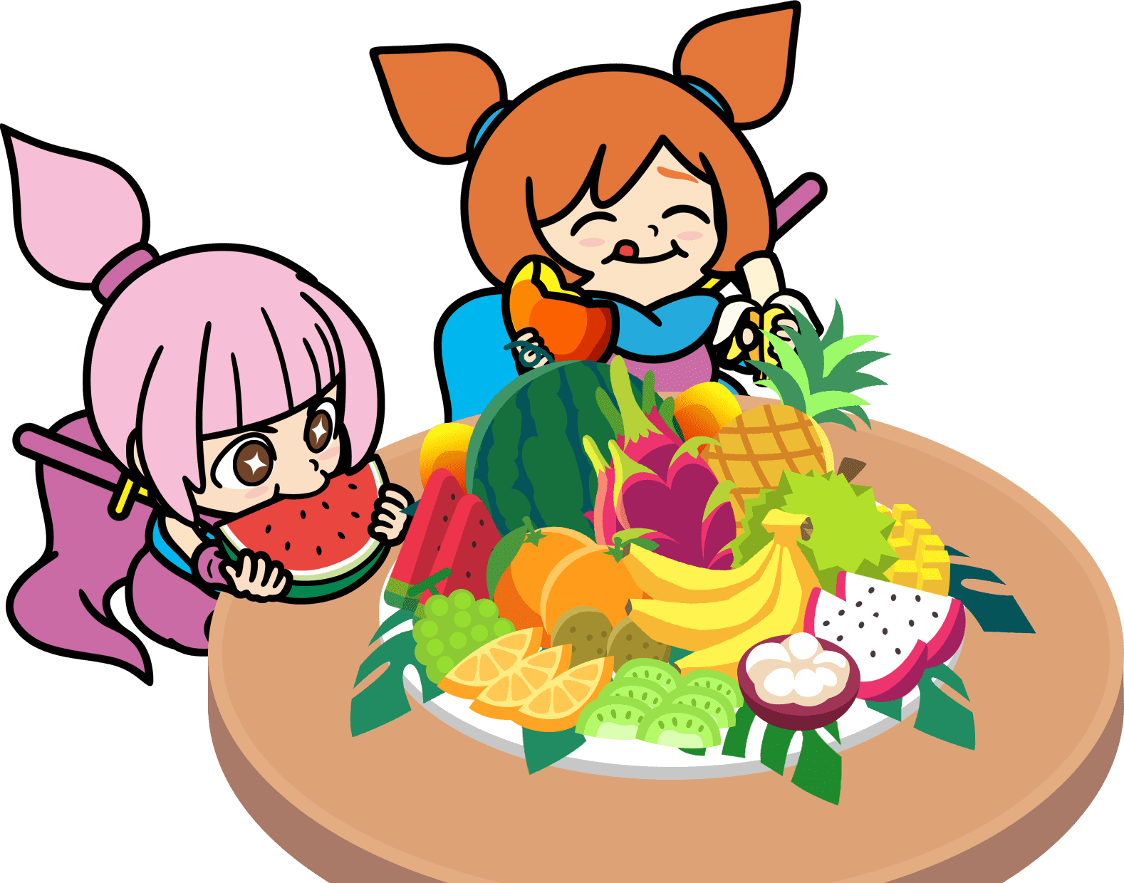 2girls ana_(warioware) banana double_bun dragon_fruit dragon_fruit_slice eating food fruit fruit_request grapes hair_bun highres holding holding_food holding_fruit kat_(warioware) kiwi_(fruit) kiwi_slice mango multiple_girls ninja official_art orange_(fruit) orange_hair orange_slice pineapple pink_hair sword sword_on_back table third-party_source warioware warioware:_move_it! watermelon watermelon_slice weapon weapon_on_back