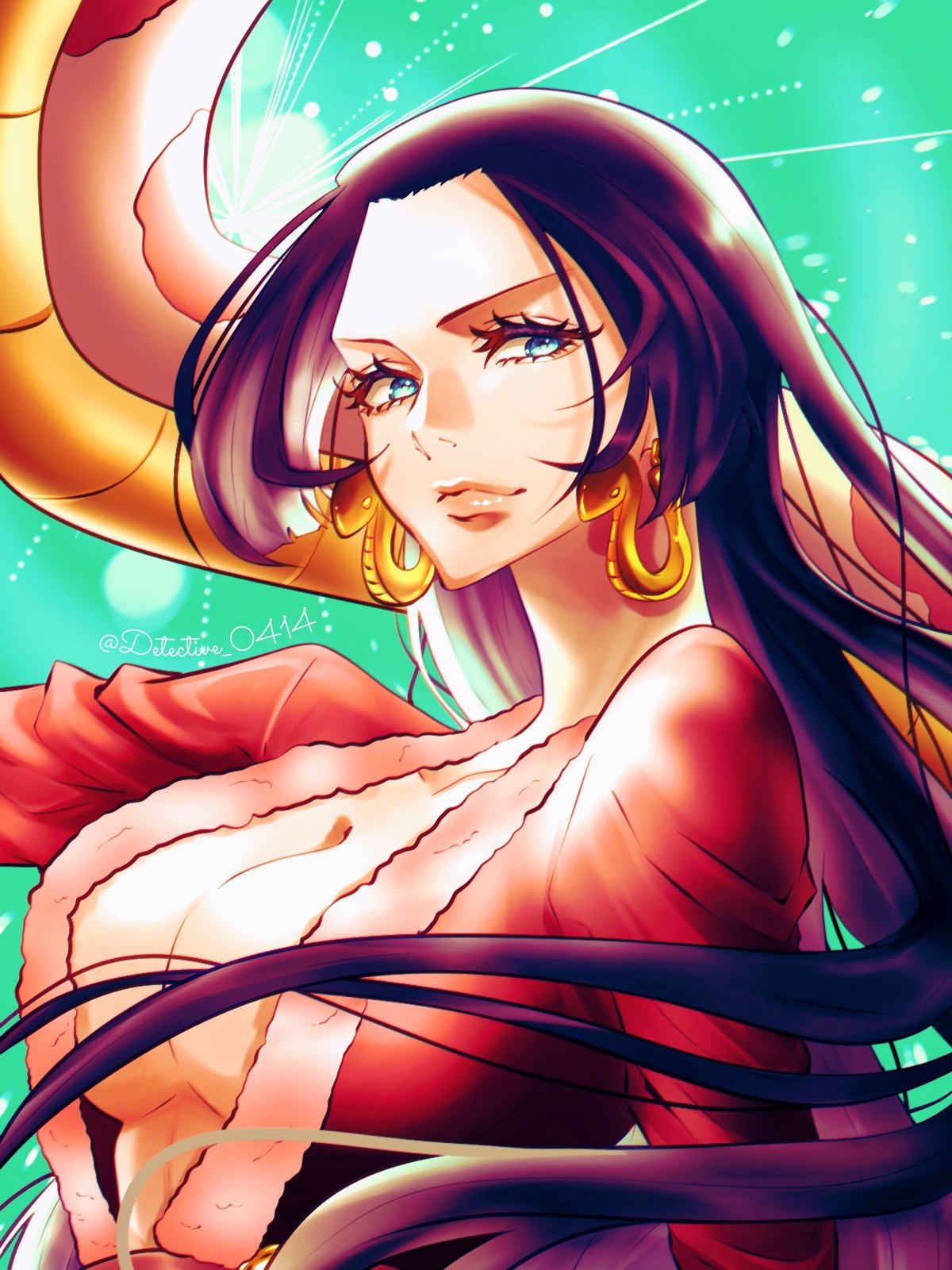 1girl black_hair blue_eyes boa_hancock breasts cleavage commentary crop_top detective_0414 earrings floating_hair green_background highres hime_cut jewelry light_smile long_hair looking_to_the_side one_piece red_shirt salome_(one_piece) shirt smile snake snake_earrings upper_body