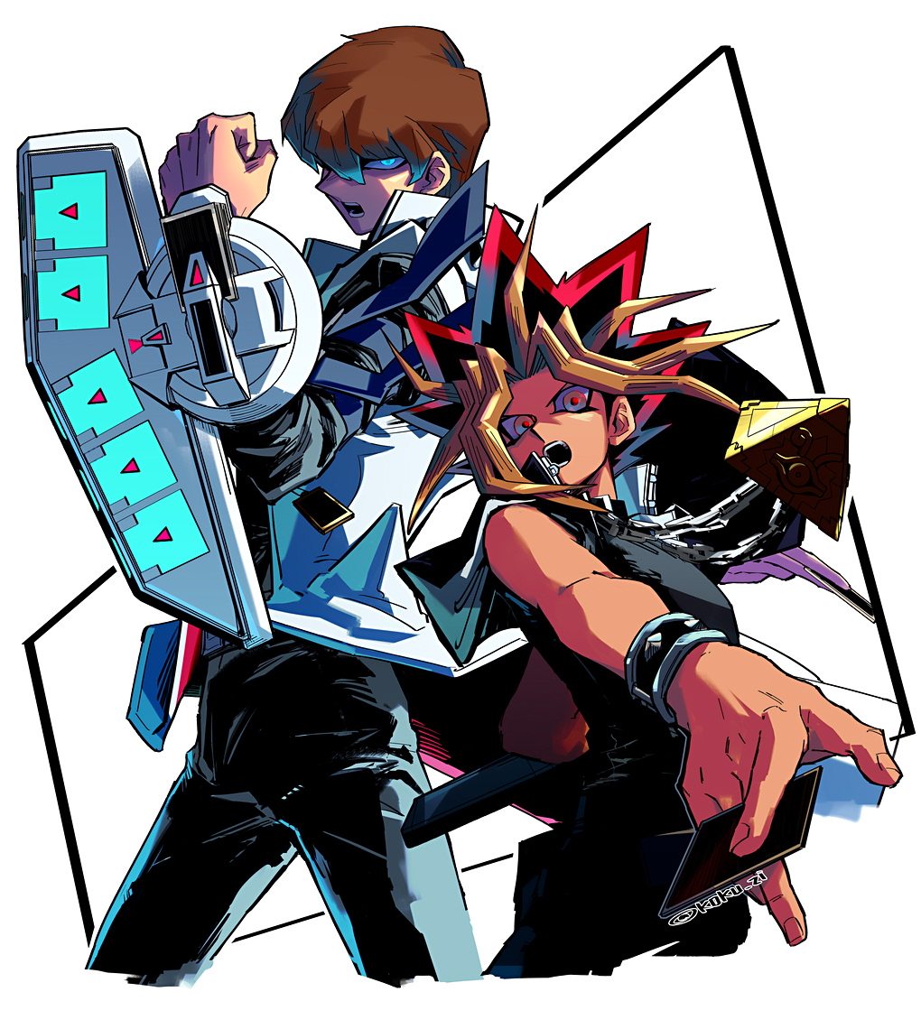 2boys black_pants blonde_hair blue_eyes blurry brown_hair card chain chain_necklace clenched_hand coat duel_disk dyed_bangs glowing glowing_eyes hand_up holding holding_card jacket jewelry kaiba_seto kokusoji looking_at_viewer male_focus millennium_puzzle multicolored_hair multiple_boys necklace open_clothes open_coat open_mouth pants shirt simple_background solo spiked_hair teeth white_background white_coat yami_yuugi yu-gi-oh! yu-gi-oh!_duel_monsters