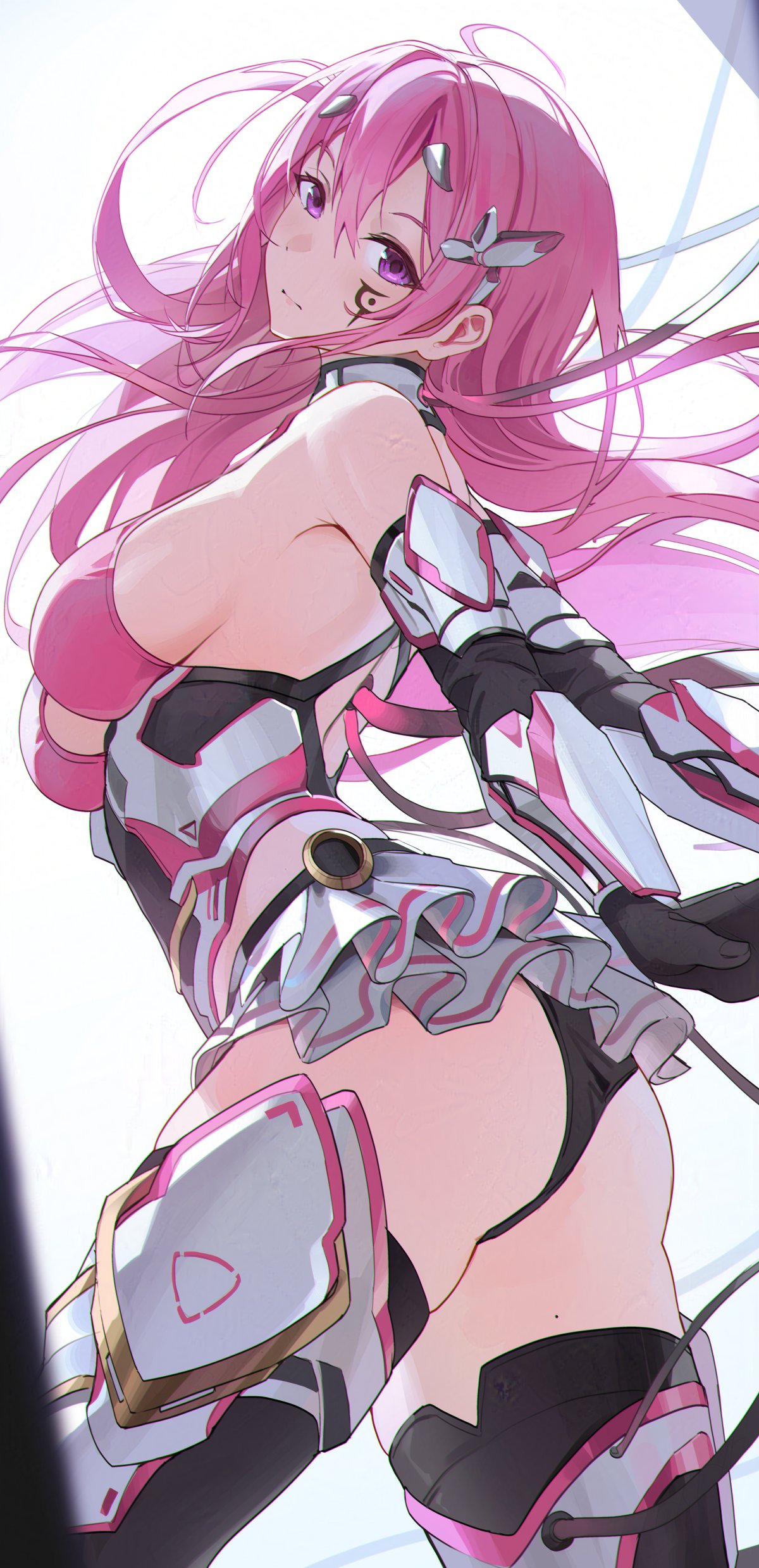 1girl absurdres armored_gloves armored_legwear armpit_crease ass bare_shoulders blurry breasts character_request closed_mouth copyright_request depth_of_field dress elbow_gloves facial_mark from_side furizuu20 gloves hair_between_eyes hair_ornament highres long_hair looking_at_viewer medium_breasts mole mole_on_thigh pink_hair purple_eyes sideboob simple_background solo thick_thighs thighs white_background