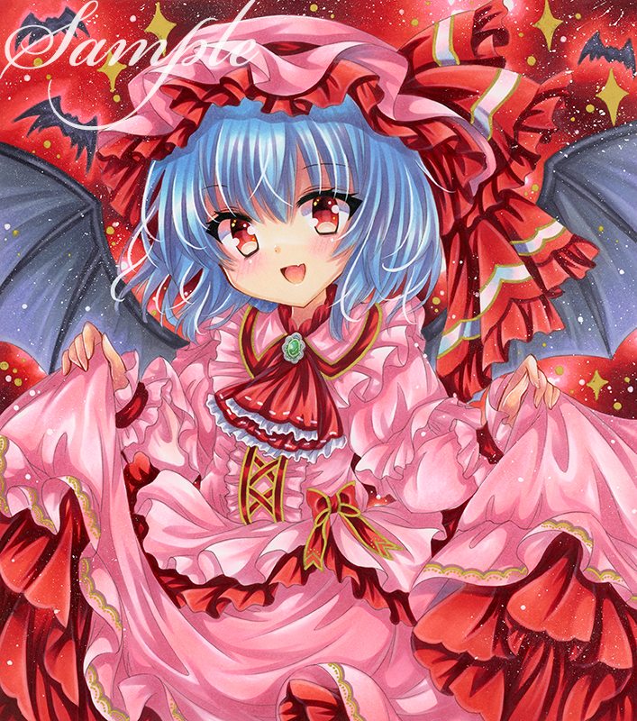 1girl ascot bat_(animal) bat_wings blue_hair brooch dress embellished_costume frilled_dress frills hat jewelry long_sleeves looking_at_viewer marker_(medium) medium_hair mob_cap open_mouth pink_dress pink_headwear red_ascot red_background red_eyes red_ribbon remilia_scarlet ribbon rui_(sugar3) sample_watermark skirt_hold smile solo spread_wings touhou traditional_media upper_body watermark wings