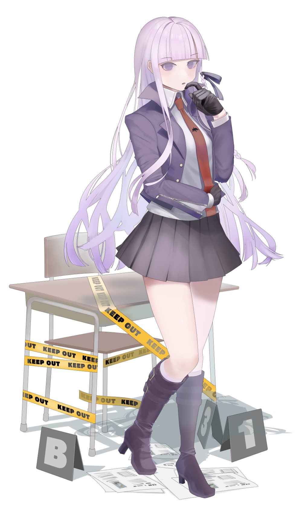 1girl :o bad_hands black_footwear black_gloves black_skirt blunt_bangs boots brown_necktie chair collared_shirt danganronpa:_trigger_happy_havoc danganronpa_(series) desk duo_luo_nu full_body gloves grey_shirt hand_up high_heels highres jacket kirigiri_kyoko miniskirt necktie open_clothes open_jacket paper pleated_skirt purple_eyes purple_jacket school_desk shirt skirt solo standing