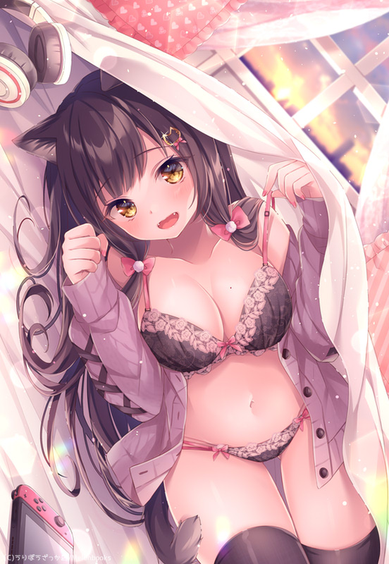 1girl animal_ears black_bra black_hair black_panties black_thighhighs blanket bow bra breasts brown_eyes cat_ears cat_girl cat_hair_ornament cat_tail cleavage commentary_request curtains dutch_angle fangs frilled_pillow frills hair_bow hair_ornament handheld_game_console hands_up headphones headphones_removed heart indoors jacket large_breasts long_sleeves looking_at_viewer mole mole_on_breast navel nemuri_nemu open_clothes open_jacket open_mouth original panties pillow pink_bow puffy_long_sleeves puffy_sleeves pulled_by_self purple_jacket sleeves_past_wrists solo strap_pull sunset tail thighhighs underwear window