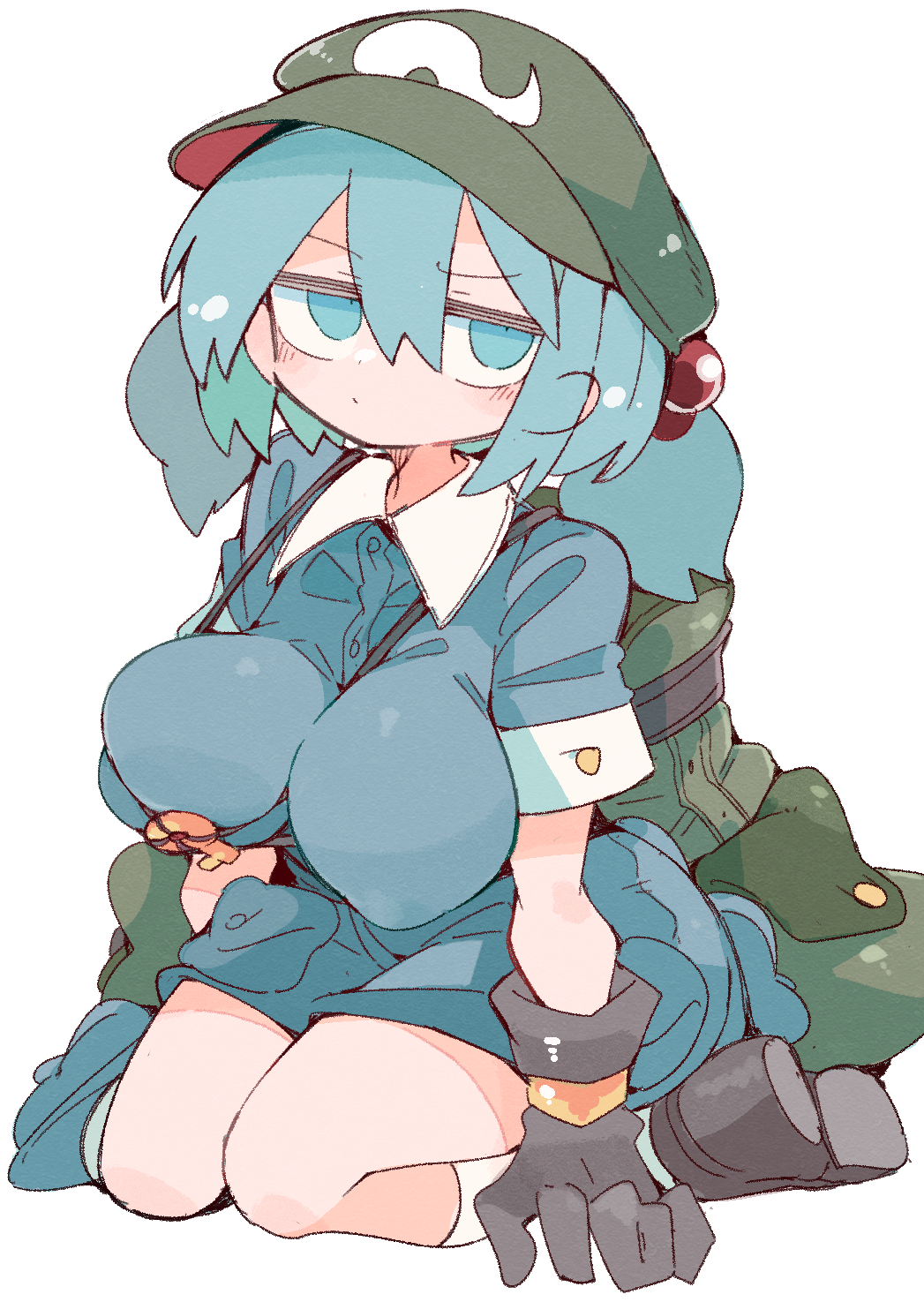 1girl backpack bag black_footwear black_gloves blue_hair blue_shirt blue_skirt breasts flat_cap full_body gloves green_headwear hair_between_eyes hair_bobbles hair_ornament hat highres kawashiro_nitori large_breasts looking_at_viewer massakasama shirt short_hair simple_background skirt socks solo touhou two_side_up white_background white_socks