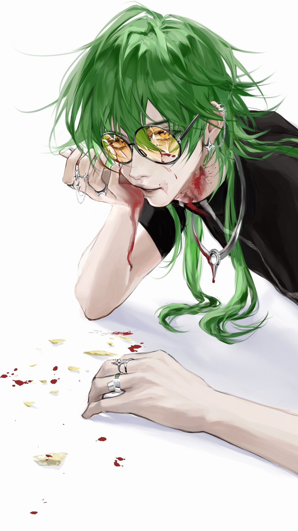 1boy black_shirt blood blood_on_hands bobybaboo broken_eyewear broken_glass chain_earrings ear_piercing earrings ezreal glass glass_shards green_hair hand_on_own_chin head_on_hand heartsteel_ezreal highres jewelry league_of_legends long_hair lying multiple_rings on_stomach piercing ring round_eyewear shards shirt solo