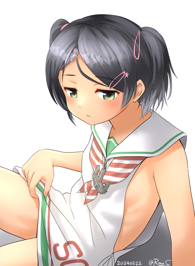 1girl anchor_ornament black_hair dated dress green_eyes hair_ornament hairclip kantai_collection low-cut_armhole neckerchief one-hour_drawing_challenge open_mouth ray.s sailor_collar sailor_dress scirocco_(kancolle) short_hair simple_background skirt_hold sleeveless sleeveless_dress solo striped_neckerchief twitter_username two_side_up white_background white_dress white_sailor_collar