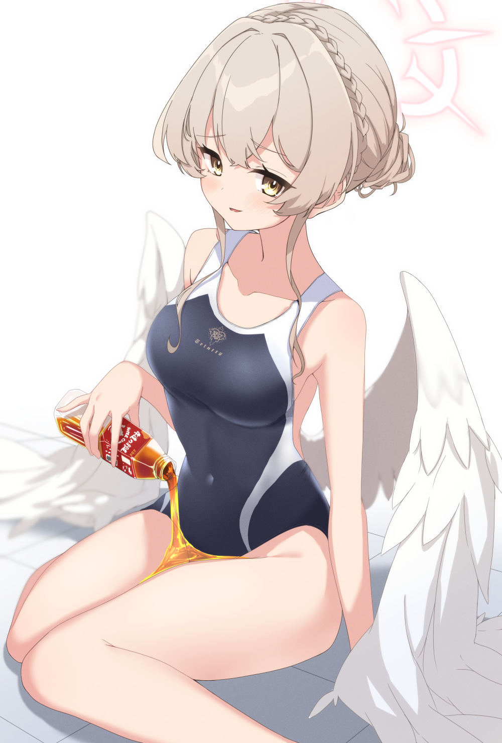 1girl amai_nekuta angel_wings bare_arms bare_legs bare_shoulders black_one-piece_swimsuit black_tea blue_archive blush bottle breasts feathered_wings halo highres holding holding_bottle large_breasts light_brown_hair looking_at_viewer nagisa_(blue_archive) one-piece_swimsuit open_mouth pink_halo school_swimsuit short_hair solo swimsuit tea wakamezake white_wings wings yellow_eyes