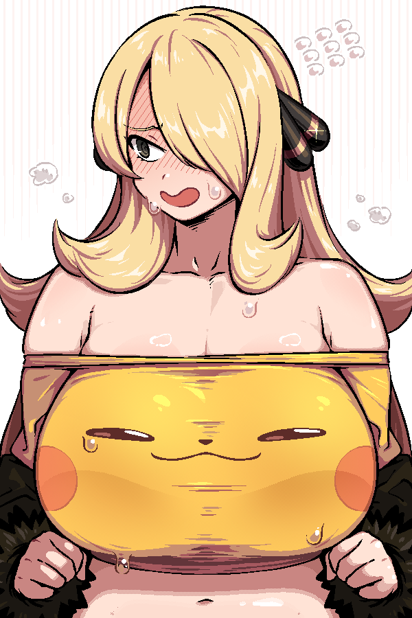 1girl alternate_breast_size averting_eyes blonde_hair blush clenched_hands commentary cynthia_(pokemon) embarrassed english_commentary flying_sweatdrops hair_ornament hair_over_one_eye kingbawoon long_hair pikachu pokemon pokemon_dppt