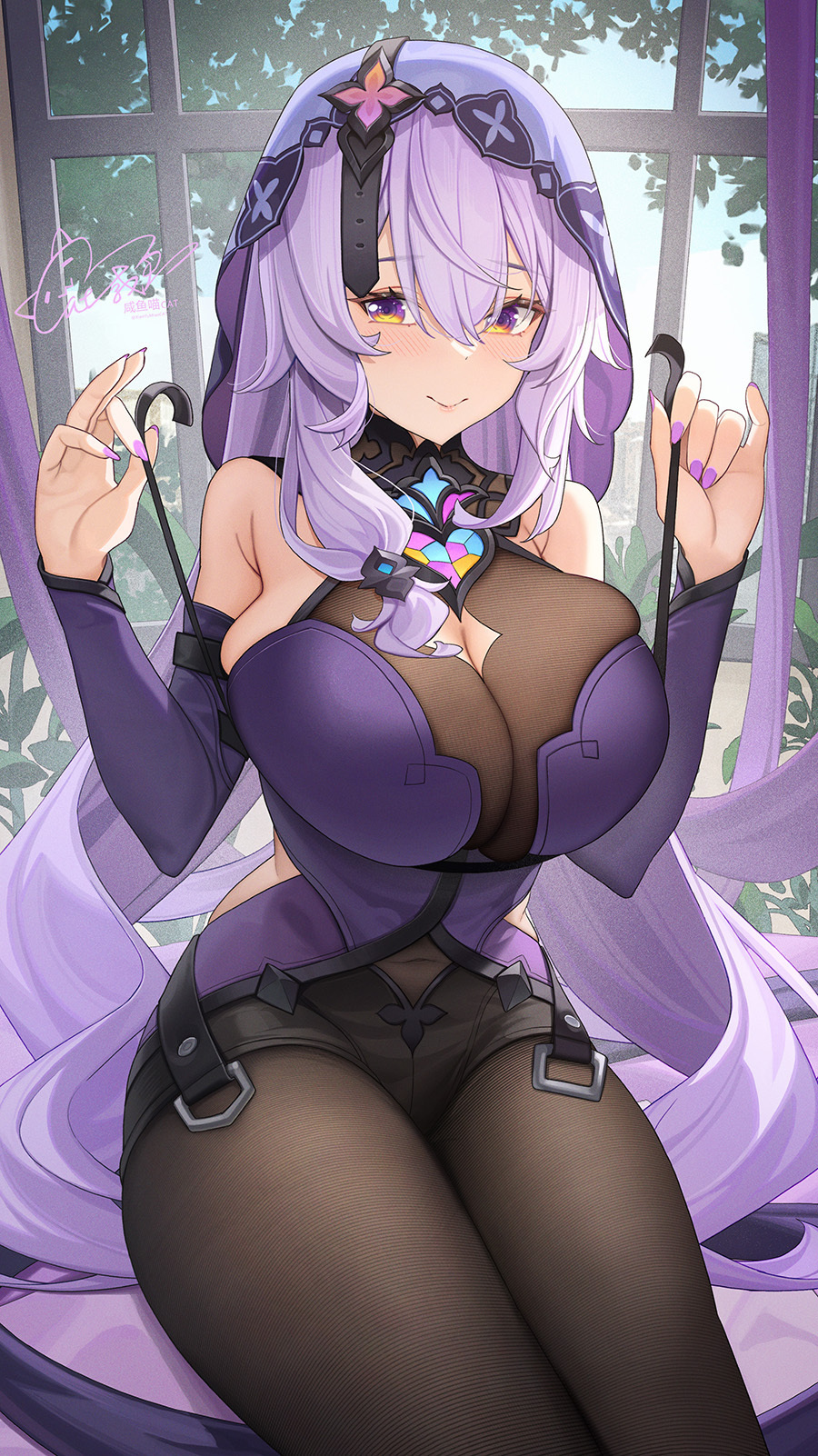 1girl bare_shoulders black_pantyhose black_swan_(honkai:_star_rail) blush breasts catsmoon cleavage closed_mouth day hands_up highres honkai:_star_rail honkai_(series) large_breasts long_hair looking_at_viewer nail_polish pantyhose purple_hair purple_headwear purple_nails signature sitting smile solo strap_pull thighs window yellow_eyes