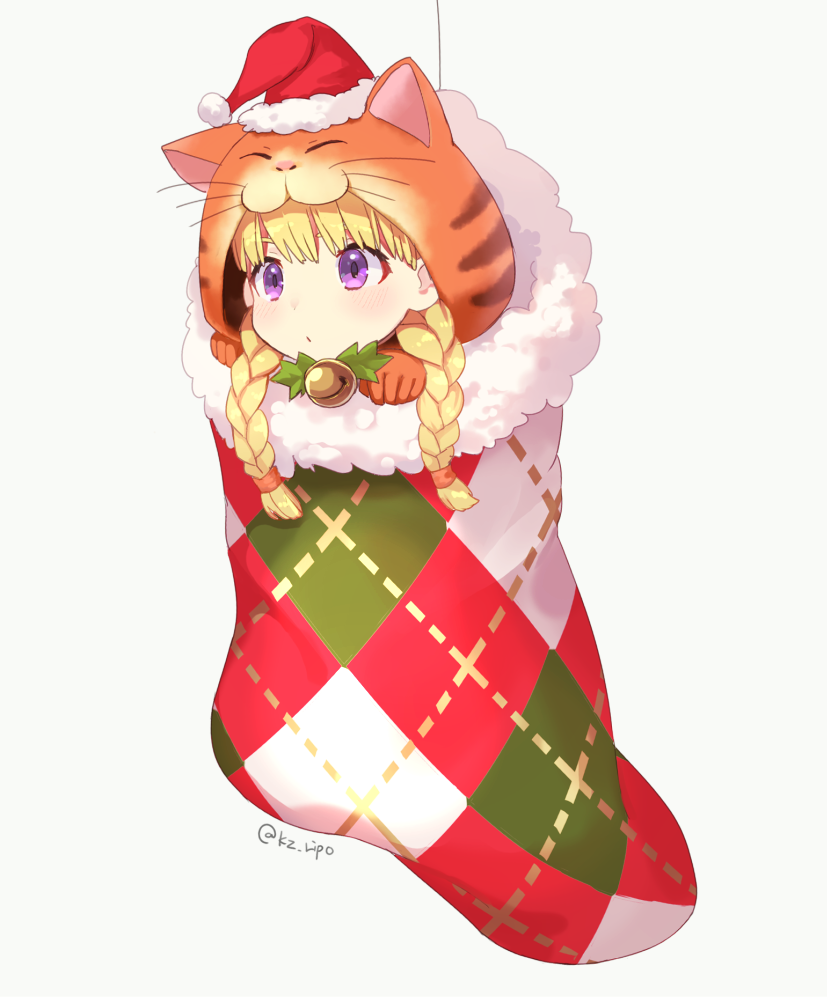 1girl animal_ears animal_hood bell blonde_hair braid cat_ears cat_hood chibi christmas_stocking dragon_quest dragon_quest_xi fur-trimmed_hat fur_trim grey_background hat hood jingle_bell kz_ripo long_hair low_twintails minigirl purple_eyes red_hat santa_hat simple_background solo twin_braids twintails twitter_username veronica_(dq11)