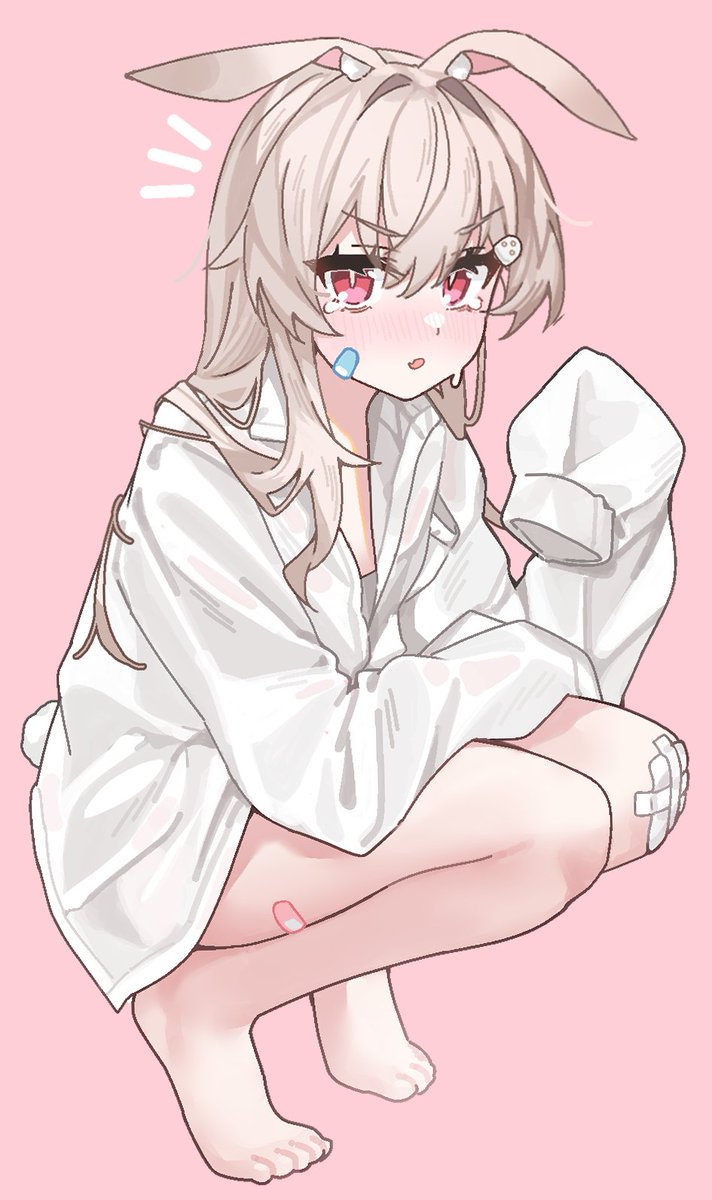 1girl animal_ears bandaid bandaid_on_cheek bandaid_on_face bandaid_on_leg barefoot blush flat_chest full_body gauze_on_knee grey_hair highres long_hair looking_at_viewer naked_shirt original parted_lips pink_background rabbit_ears rabbit_girl rabbit_tail red_eyes shiromoca shirt sleeves_past_fingers sleeves_past_wrists solo squatting tail