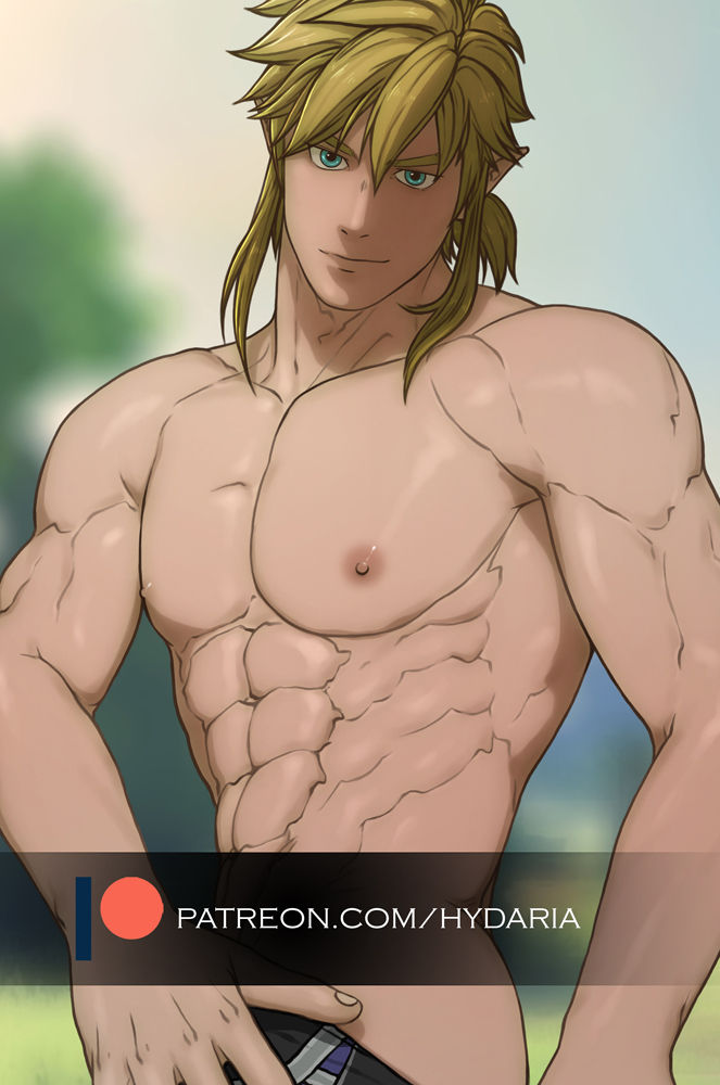 1boy abs alternate_muscle_size bara blonde_hair blue_eyes clothes_pull cowboy_shot earrings elf hydaria jewelry large_pectorals link looking_at_viewer looking_to_the_side male_focus medium_hair muscular muscular_male nipples paid_reward_available pectorals pointy_ears pulled_by_self seductive_smile smile solo stomach the_legend_of_zelda topless_male undressing