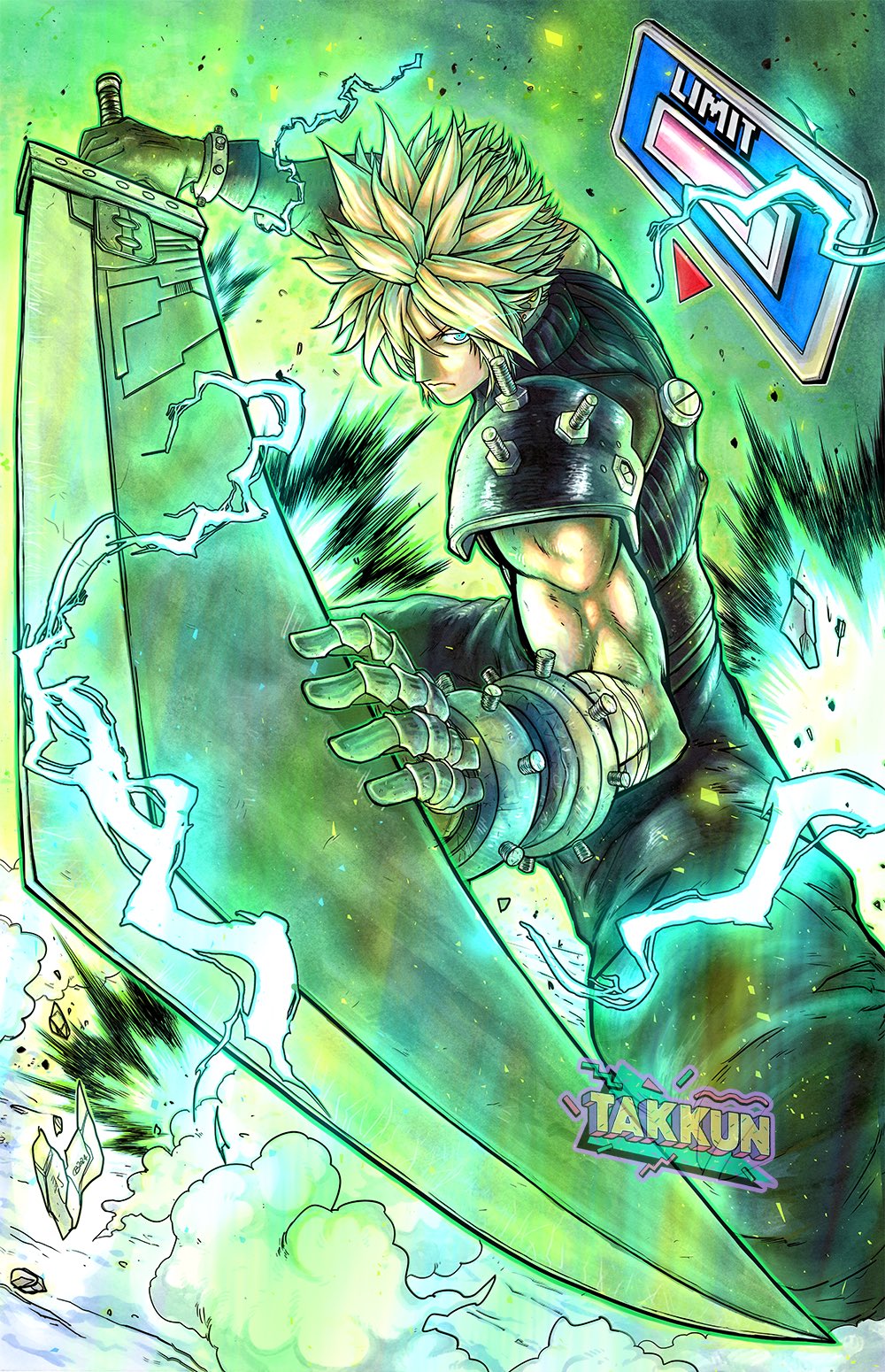 1boy artist_name aura black_pants blonde_hair buster_sword closed_mouth cloud_strife commentary electricity final_fantasy final_fantasy_vii frown gameplay_mechanics green_background highres holding holding_sword holding_weapon male_focus muscular muscular_male pants shoulder_pads solo spiked_hair sword takkun_(takkun_art) watermark weapon