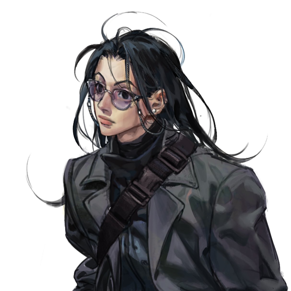 1boy alternate_costume bespectacled black_eyes black_hair black_jacket black_shirt buckle closed_mouth coat collar collared_coat collared_jacket commentary cropped_torso earrings expressionless glasses grey_coat highres hunter_x_hunter illumi_zoldyck jacket jewelry jidaart lips long_hair long_sleeves looking_to_the_side male_focus open_clothes open_coat shirt solo turtleneck upper_body white_background wrinkled_fabric