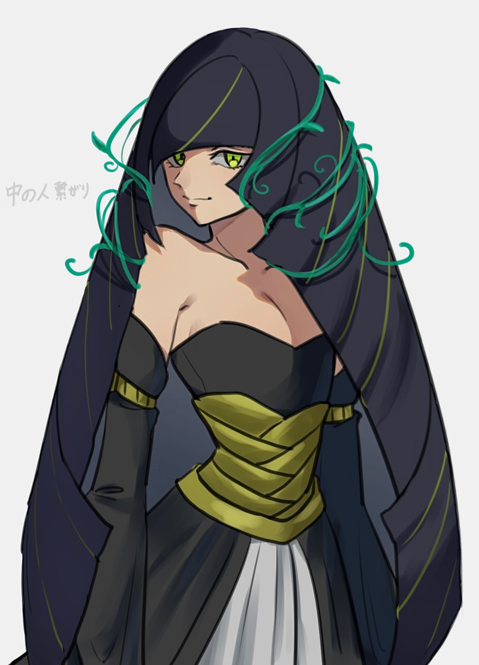 1girl alternate_costume alternate_hair_color black_dress black_hair blunt_bangs breasts closed_mouth collarbone commentary_request detached_sleeves dress echizen_(n_fns17) green_eyes highres lusamine_(pokemon) multicolored_hair pokemon pokemon_sm simple_background smile solo strapless strapless_dress streaked_hair translation_request white_background