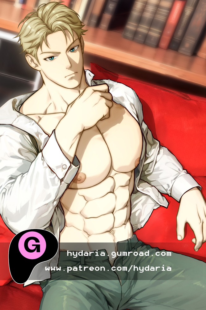 1boy abs alternate_muscle_size bara bare_pectorals blonde_hair bulge couch cowboy_shot hydaria large_pectorals looking_at_viewer male_focus muscular muscular_male navel nipples on_couch open_fly paid_reward_available pants pectorals short_hair sideburns sitting solo spy_x_family stomach twilight_(spy_x_family) watermark