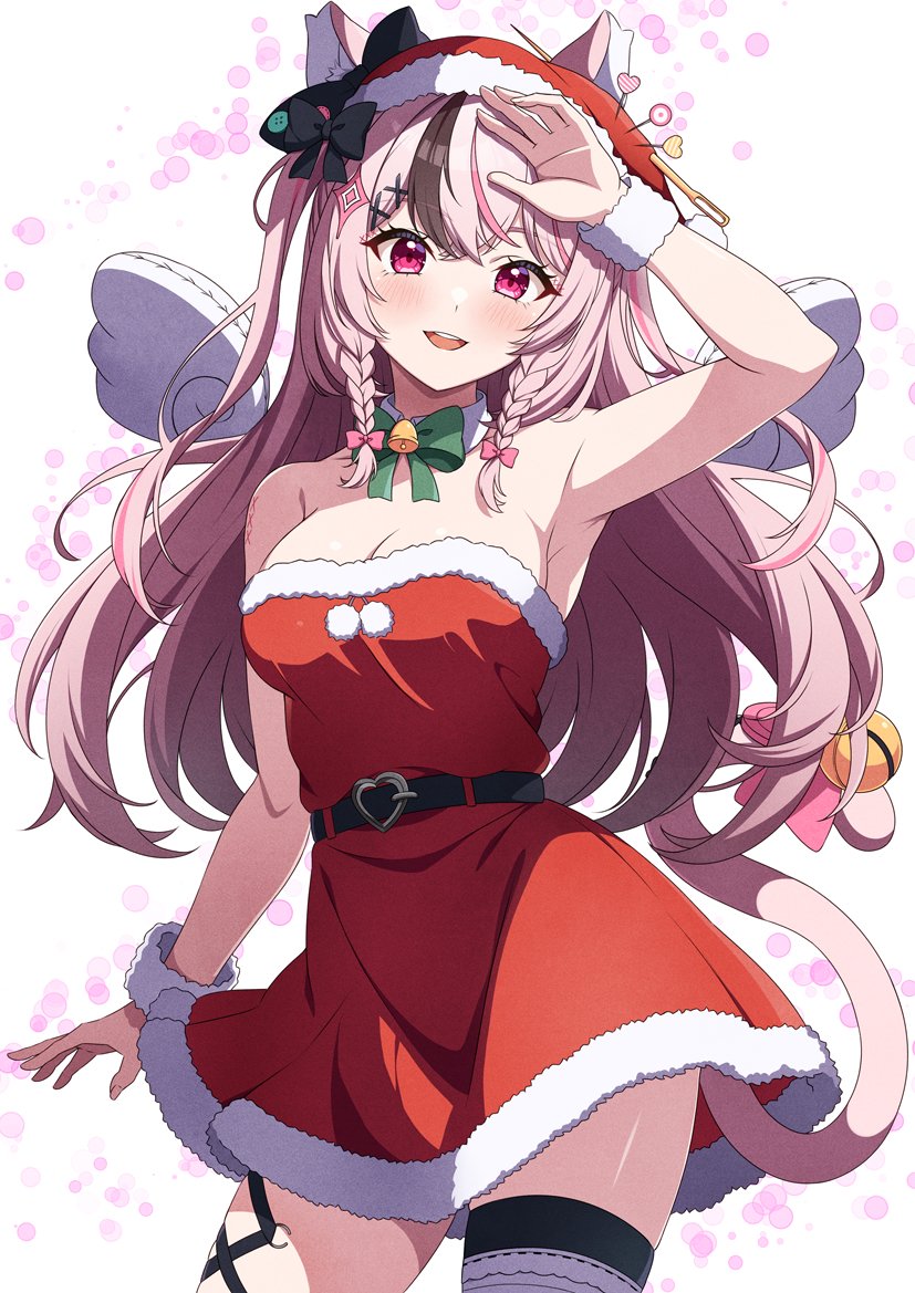 animal_ears arm_up armpits bare_shoulders bell belt bow bowtie braid breasts cat_ears cat_girl cat_tail character_request christmas cleavage commission contrapposto cowboy_shot detached_collar dress fake_wings fur-trimmed_dress fur-trimmed_headwear fur_trim hair_ornament hat heart jingle_bell medium_breasts multicolored_hair open_mouth original pink_hair red_dress red_eyes red_hat rin_ateria santa_dress santa_hat short_dress single_thighhigh skeb_commission smile standing strapless strapless_dress streaked_hair tail tail_bow tail_ornament thighhighs twin_braids two_side_up white_thighhighs wings wrist_cuffs x_hair_ornament