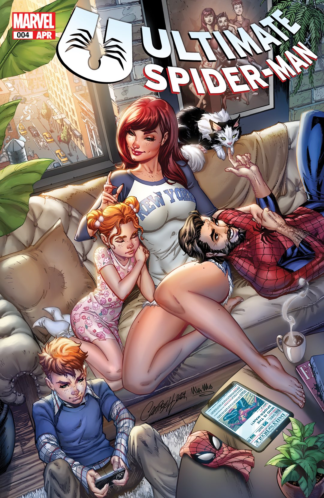 2boys 2girls animal_print beard blue_bodysuit bodysuit cat cover facial_hair father_and_daughter father_and_son highres j._scott_campbell marvel mary_jane_watson mother_and_daughter mother_and_son multiple_boys multiple_girls official_art peter_parker red_bodysuit red_hair smile spider-man spider-man_(series) spider_print spider_web_print superhero_costume two-tone_bodysuit