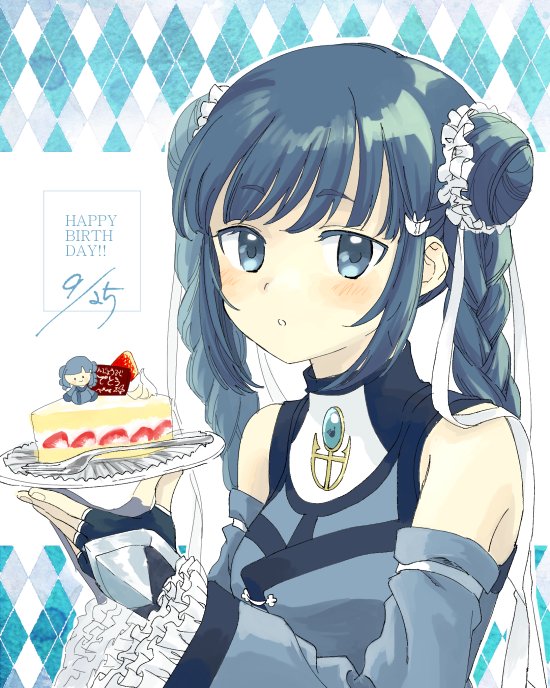 argyle_background bare_shoulders birthday blue_background blue_eyes blue_gemstone blue_gloves blue_hair blue_shirt blue_sleeves blunt_bangs braid cake cake_slice character_request chest_jewel commentary_request copyright_request dated detached_sleeves double_bun english_text fingerless_gloves fingernails food fork frilled_sleeves frills fruit gem gift_art gloves hair_bun hair_ornament hair_ribbon hair_scrunchie hairclip happy_birthday holding holding_plate letterboxed light_blush long_hair long_sleeves looking_at_viewer napkin no+bi= outline outside_border parted_lips plate ribbon scrunchie shirt sleeveless sleeveless_shirt strawberry strawberry_shortcake turtleneck_shirt twin_braids two-tone_background white_background white_outline white_ribbon white_scrunchie wide_sleeves