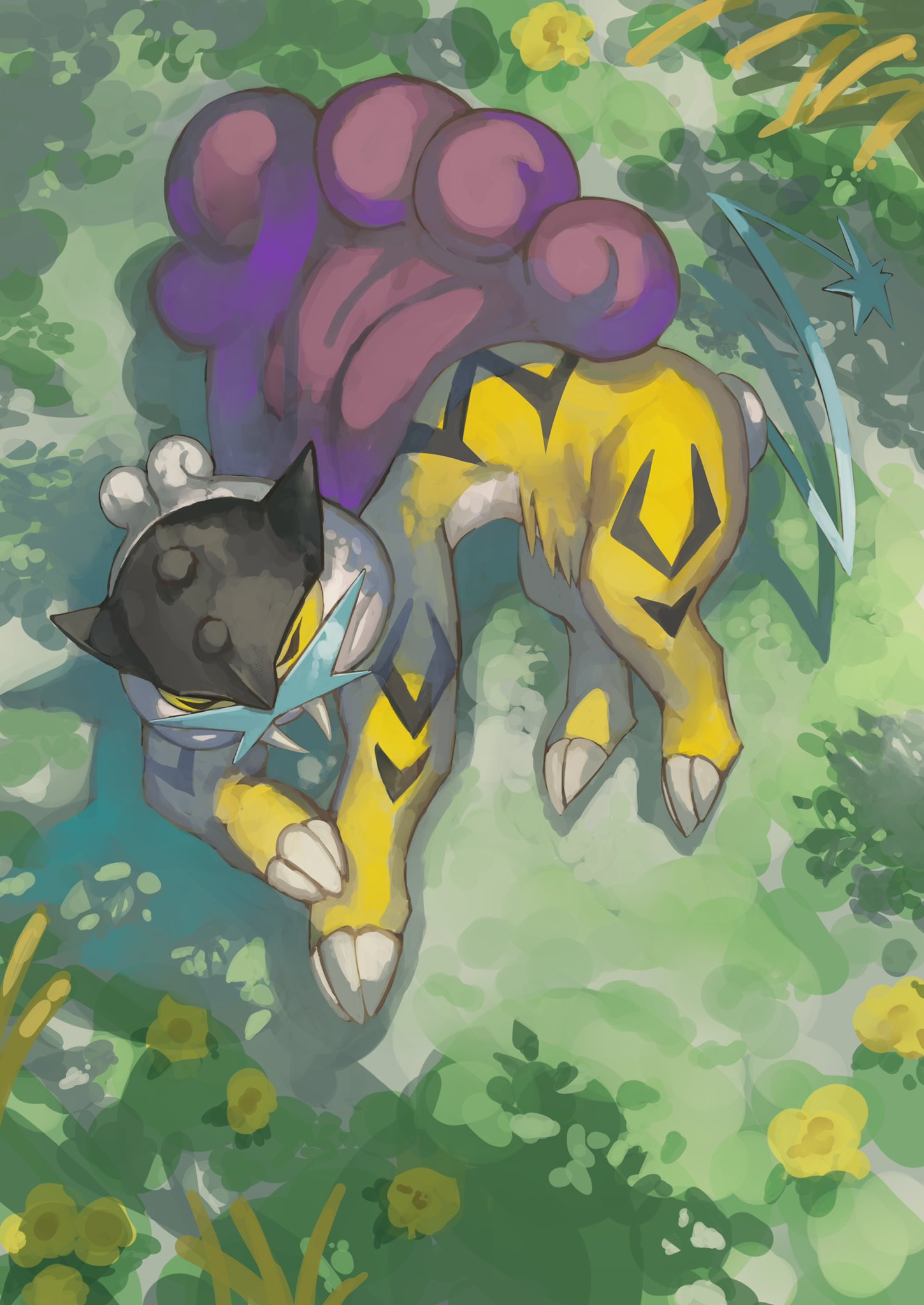 closed_eyes commentary_request from_above highres lying no_humans on_grass on_side pokemon pokemon_(creature) pokemon_sleep purple_hair raikou ranmaruuuu00 sleeping tail yellow_fur