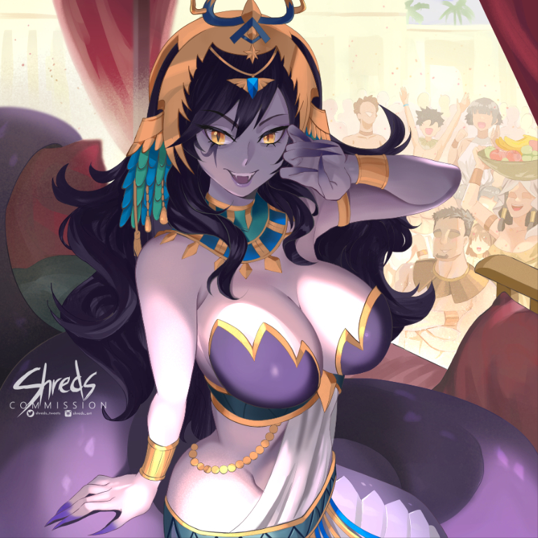 3boys 4girls armlet artist_name black_hair blue_gemstone breasts claws colored_skin commission crowd egyptian_clothes facial_mark gem gold_armlet gold_bracelet gold_headwear indie_virtual_youtuber lamia large_breasts long_hair monster_girl multiple_boys multiple_girls open_mouth purple_skin red_curtains shreds_(shreds_tweets) slit_pupils snake_tail tail teeth upper_teeth_only usekh_collar vexoria_the_sun_eater virtual_youtuber yellow_eyes