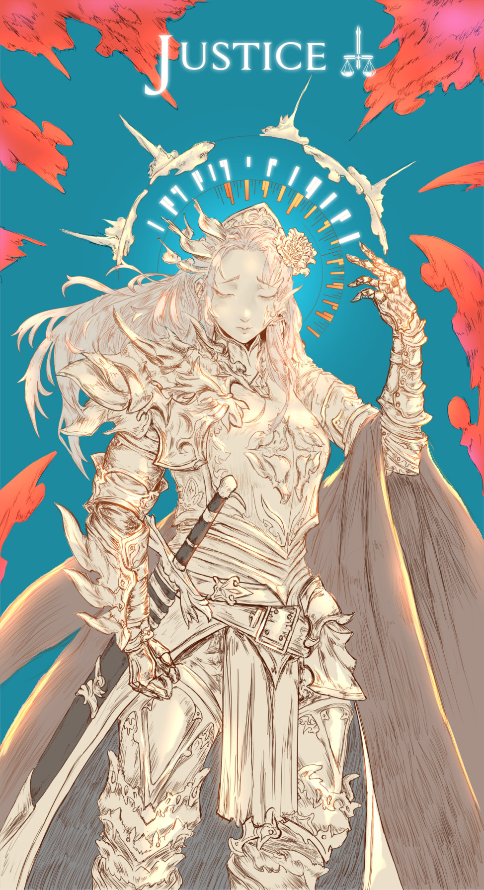 1girl armor blue_background breastplate closed_eyes commentary english_commentary flower gauntlets hair_flower hair_ornament highres holding_cloak justice_(tarot) lachryma_averis original sheath sheathed solo sword tarot tarot_(medium) tiara weapon