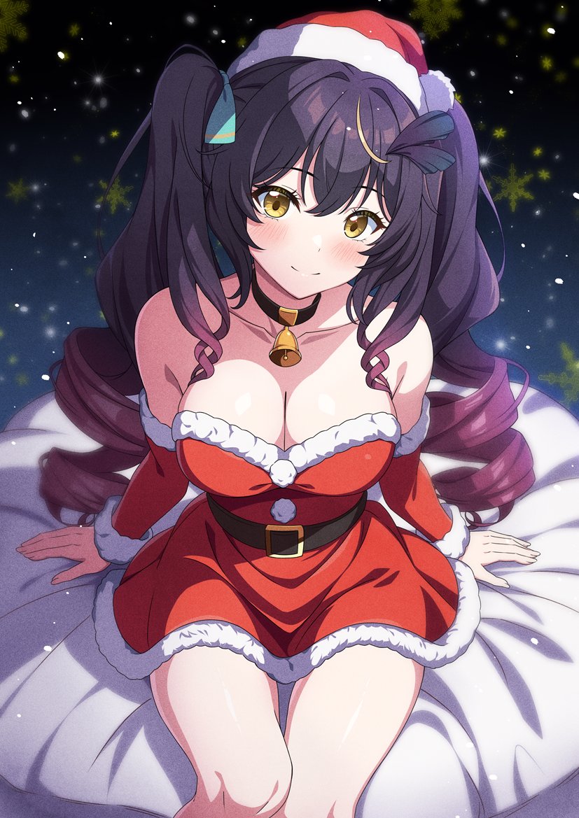 1girl bare_shoulders bell belt black_choker black_hair breasts choker christmas cleavage closed_mouth collarbone commission cowbell detached_sleeves dress fur-trimmed_dress fur-trimmed_sleeves fur_trim gradient_hair hat large_breasts long_sleeves multicolored_hair original purple_hair red_dress red_hat rin_ateria santa_hat short_dress sitting skeb_commission smile snowflakes solo strapless strapless_dress thighs twintails yellow_eyes