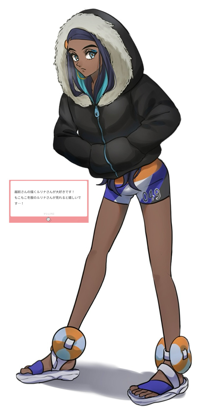 1girl aqua_hair bike_shorts black_hair black_jacket closed_mouth commentary_request dark-skinned_female dark_skin earrings echizen_(n_fns17) full_body fur-trimmed_hood fur_trim hands_in_pockets highres hood hood_up hooded_jacket hoop_earrings jacket jewelry leaning long_hair looking_at_viewer multicolored_hair nessa_(pokemon) pokemon pokemon_swsh sandals solo standing toes translation_request two-tone_hair