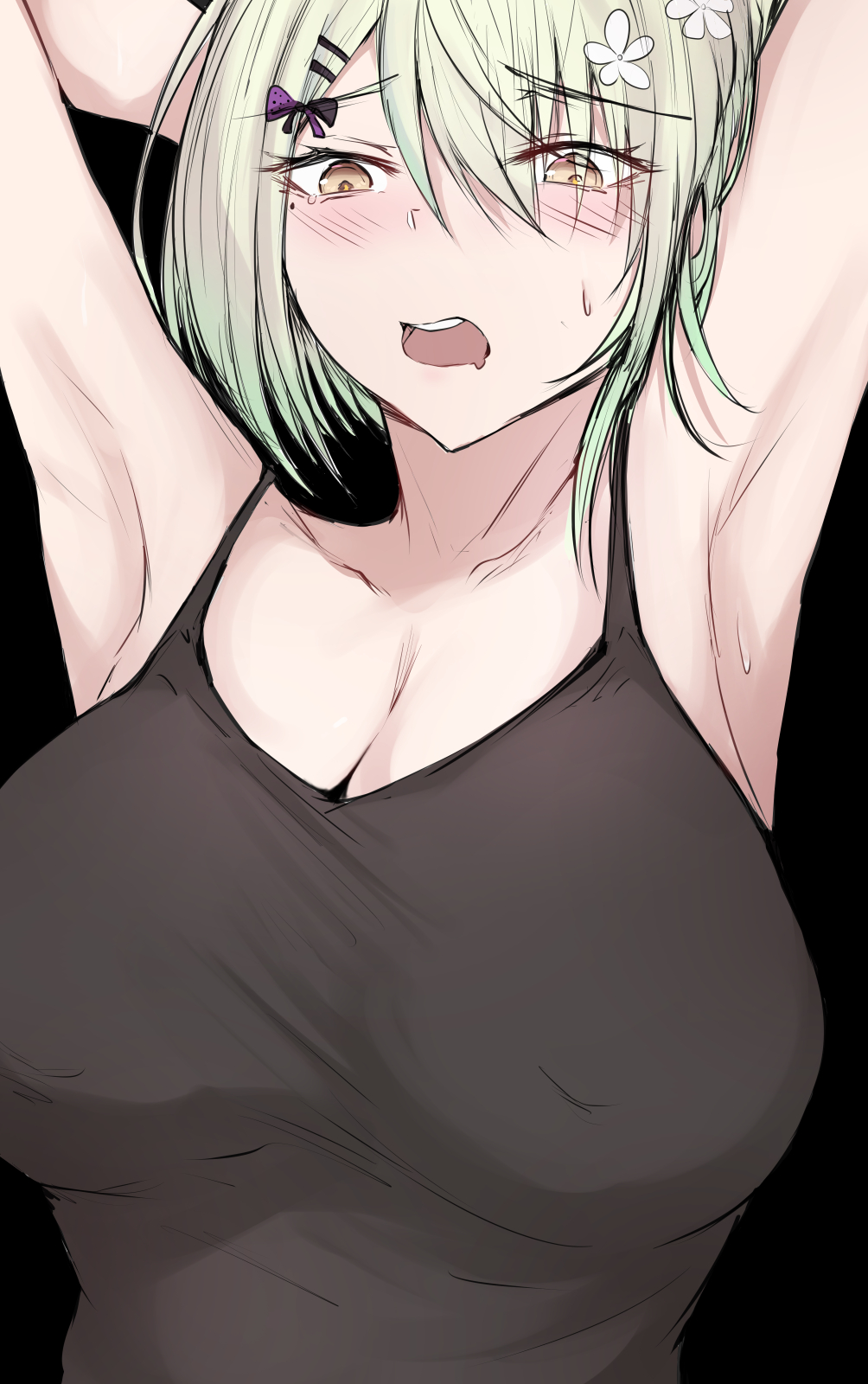 1girl alternate_costume armpits arms_up black_shirt blush breasts ceres_fauna cleavage flower green_hair hair_flower hair_ornament hairpin highres hololive hololive_english large_breasts mole mole_under_eye open_mouth sak1_01 shirt short_hair teeth upper_teeth_only virtual_youtuber yellow_eyes