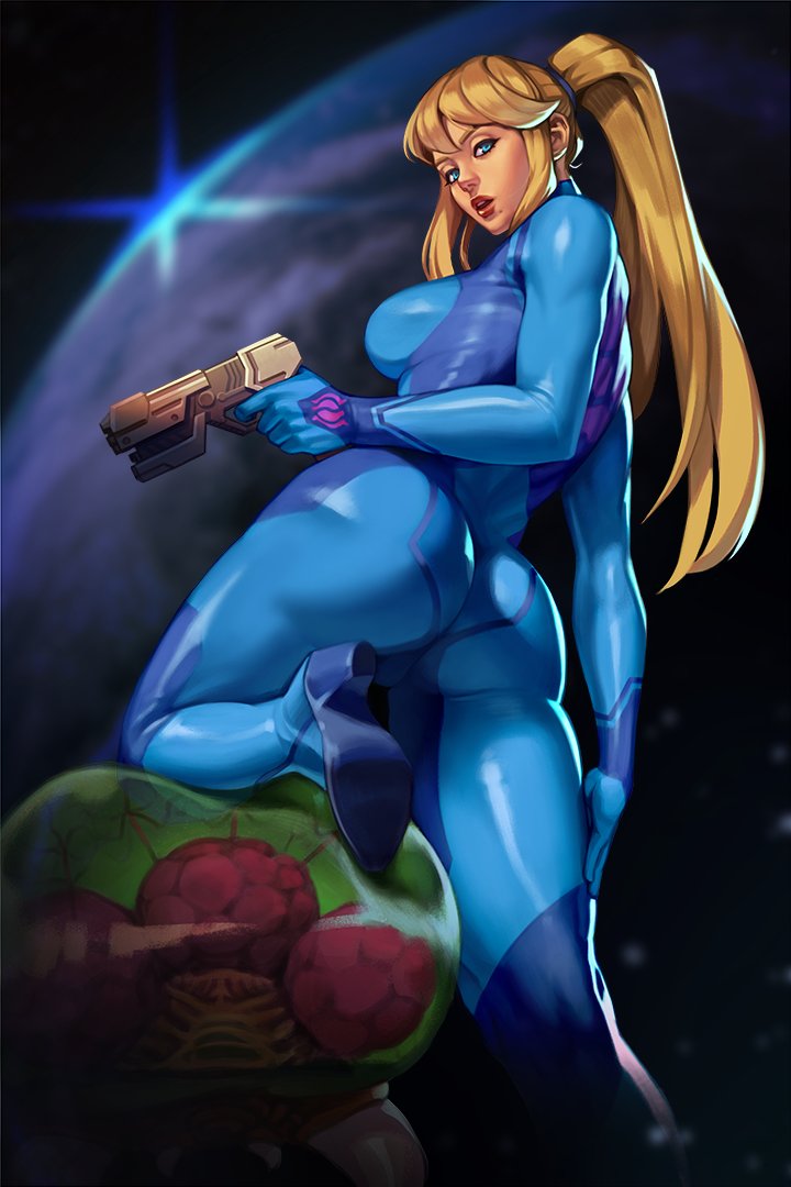 1girl aqua_eyes ass blue_bodysuit blurry blurry_background bodysuit breasts english_commentary foot_out_of_frame from_behind from_below gun hand_on_own_thigh high_heels high_ponytail holding holding_gun holding_weapon long_hair looking_at_viewer looking_back medium_breasts metroid metroid_(creature) mole mole_under_mouth on_one_knee open_mouth paralyzer patreon_username planet ponytail revision rim_jims samus_aran skin_tight solo space standing standing_on_one_leg weapon zero_suit