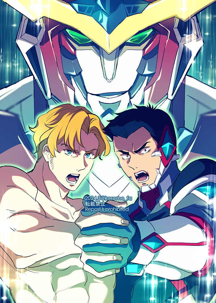 2boys abs ao_isami black_hair blonde_hair bravern clothed_male_nude_male combined_attack couple ending_song facial_hair holding_hands interlocked_fingers koromo_(kinu) lewis_smith looking_at_viewer male_focus mecha medium_sideburns multiple_boys nude robot shouting sideburns_stubble smirk sparkle_background stubble super_robot thick_eyebrows toned toned_male upper_body yaoi yuuki_bakuhatsu_bang_bravern