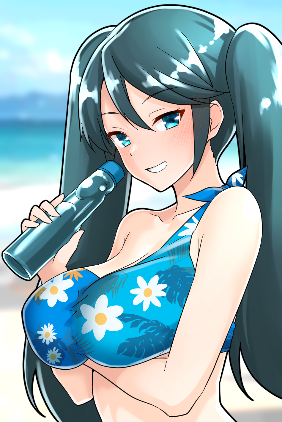 1girl arm_under_breasts bikini blue_bikini blue_eyes blue_hair blurry blurry_background blush bottle breasts furaggu_(frag_0416) highres holding holding_bottle isuzu_(kancolle) kantai_collection large_breasts long_hair looking_at_viewer ramune solo swimsuit twintails upper_body